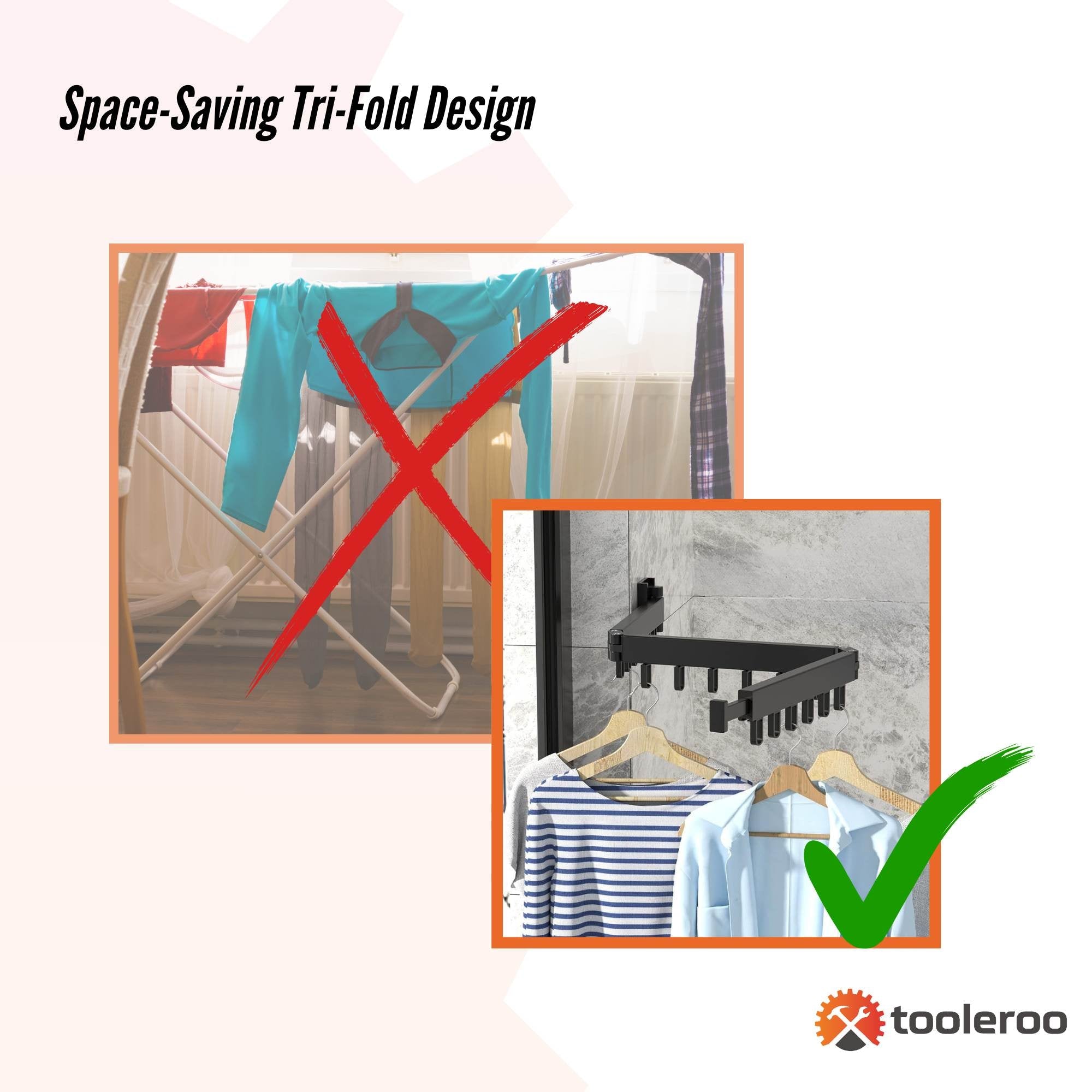 Tooleroo Clothes Drying Rack Tri-Fold Wall-Mount Space-Saving Laundry Hanger V238-SUPDZ-41121823490128