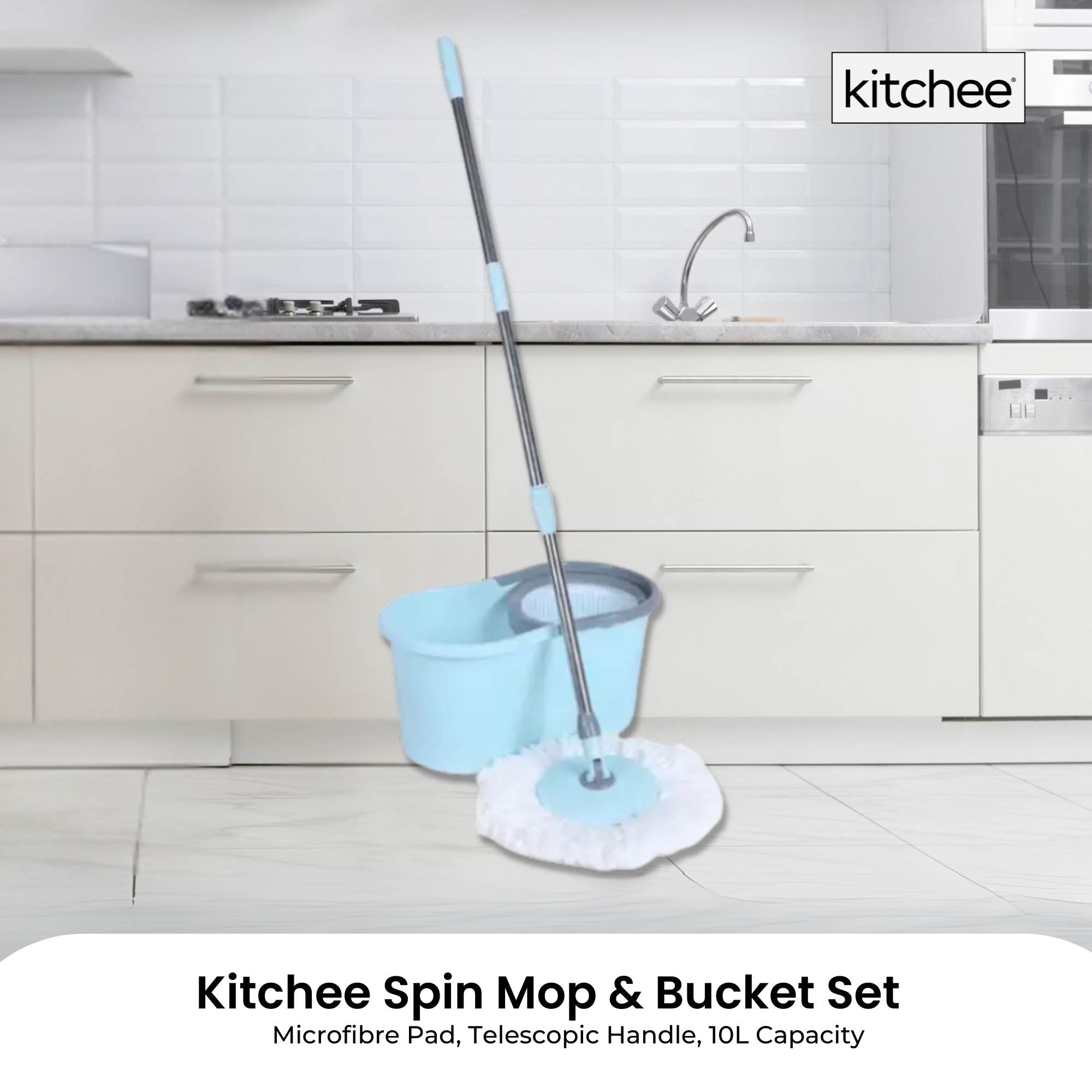 Kitchee Spin Mop & Bucket Set - Microfibre Pad, Telescopic Handle, 10L Capacity V238-SUPDZ-41134821802064