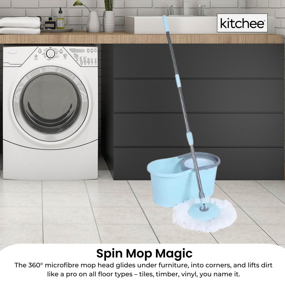 Kitchee Spin Mop & Bucket Set - Microfibre Pad, Telescopic Handle, 10L Capacity V238-SUPDZ-41134821802064