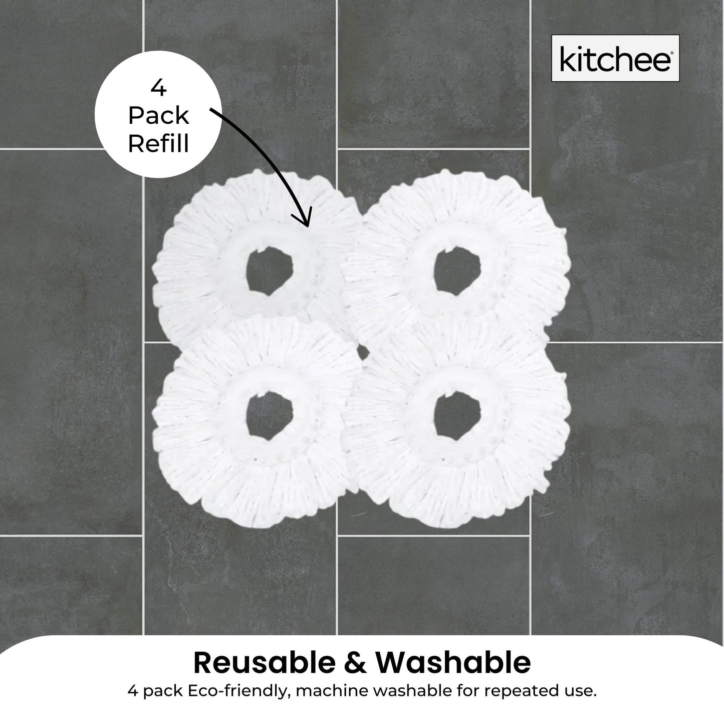 4x Kitchee Microfibre Mop Head Replacement for Kitchee Spin Mop - White Round V238-SUPDZ-41143291510864