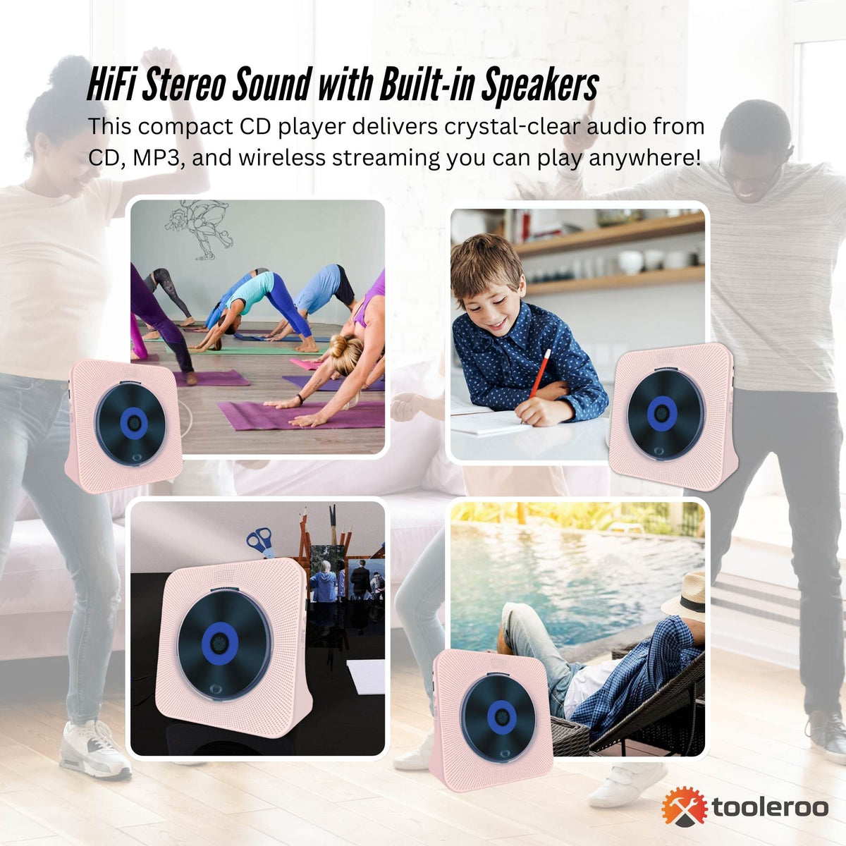 Tooleroo USB Rechargeable Desktop CD Player Speaker - Bluetooth Portable Pink V238-SUPDZ-41154856779856