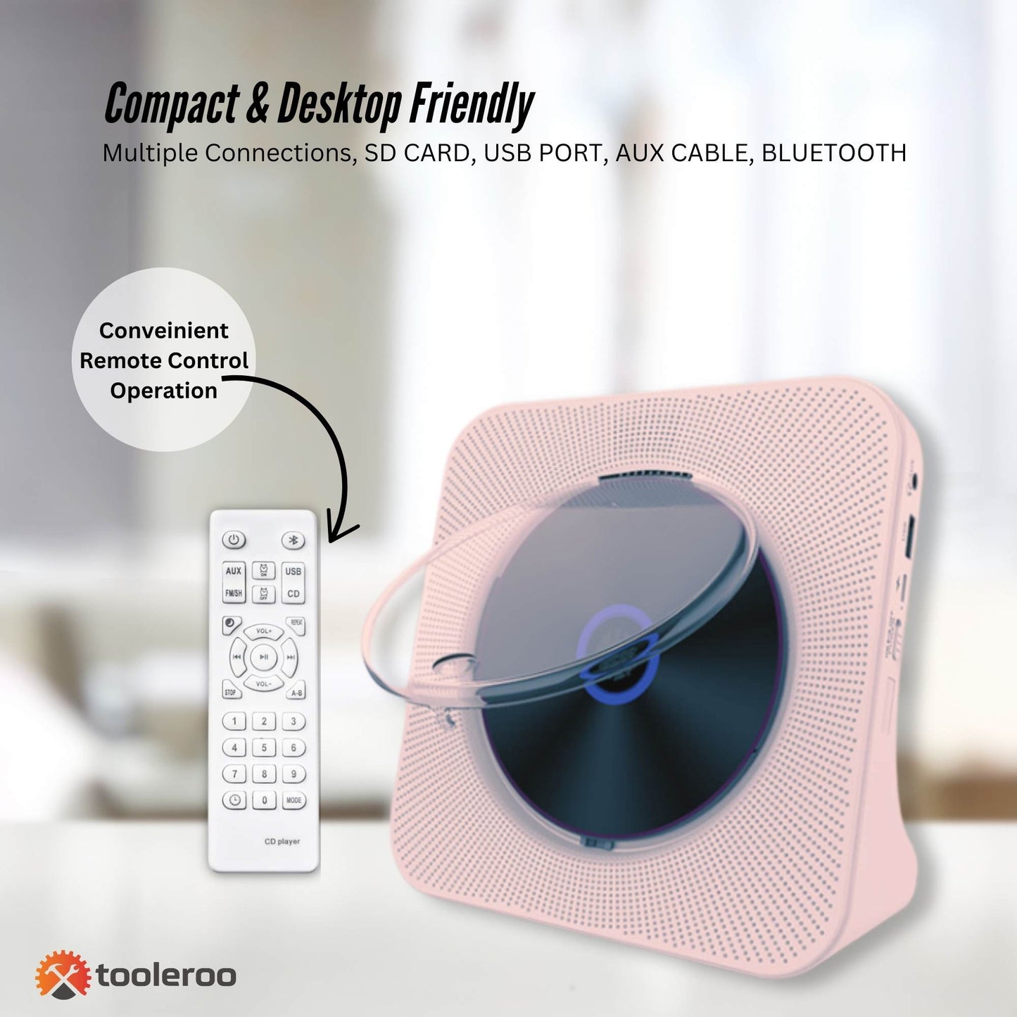 Tooleroo USB Rechargeable Desktop CD Player Speaker - Bluetooth Portable Pink V238-SUPDZ-41154856779856
