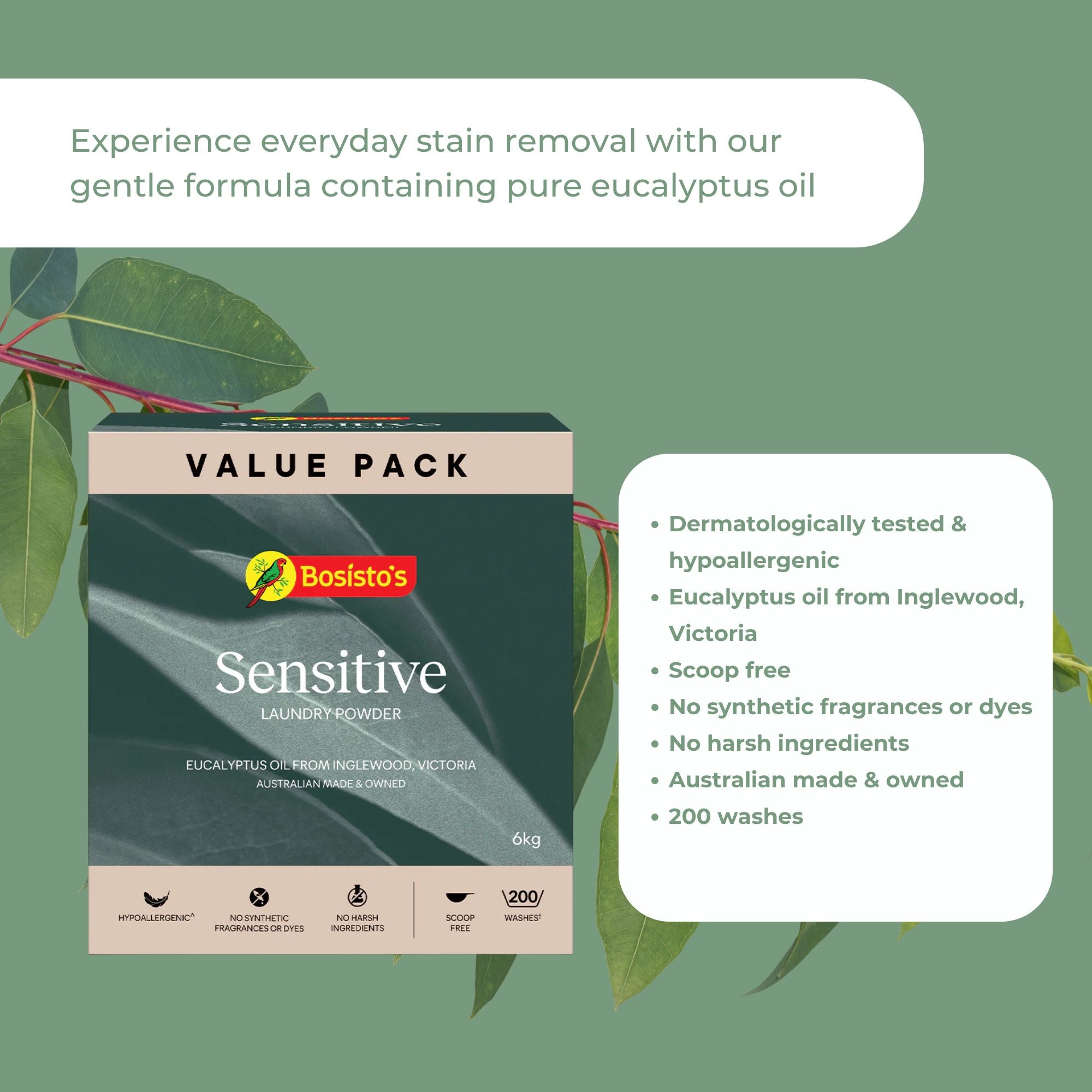 Bosisto's 6Kg Senstive Laundry Powder Refill - Eco Eucalyptus Washing Detergent V238-SUPDZ-41161731440720