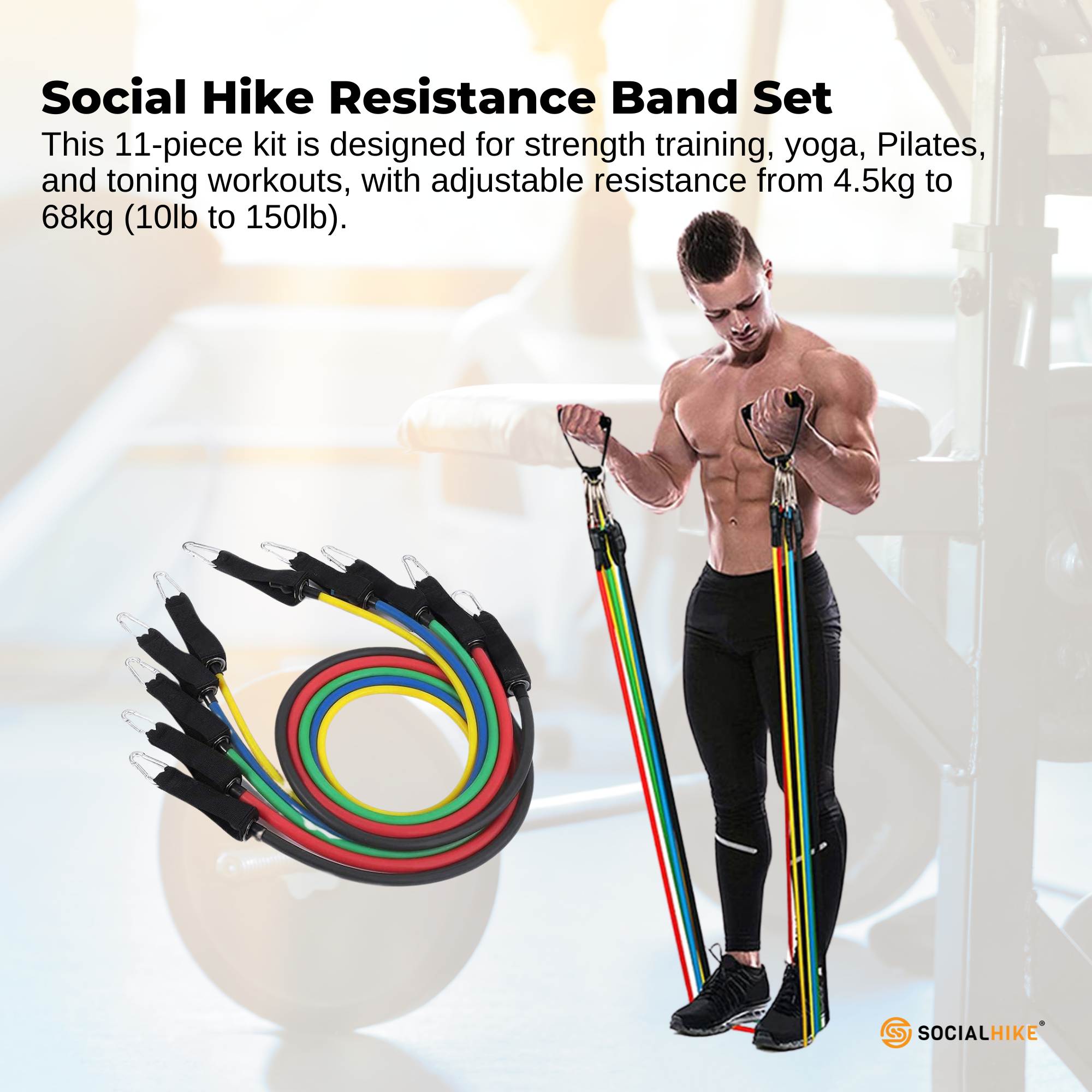 Social Hike Resistance Band Set with Handles - 11pcs Home Workout Kit 4.5-68kg V238-SUPDZ-41187495280720