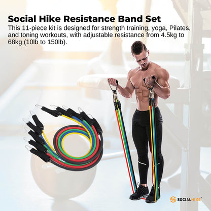 Social Hike Resistance Band Set with Handles - 11pcs Home Workout Kit 4.5-68kg V238-SUPDZ-41187495280720