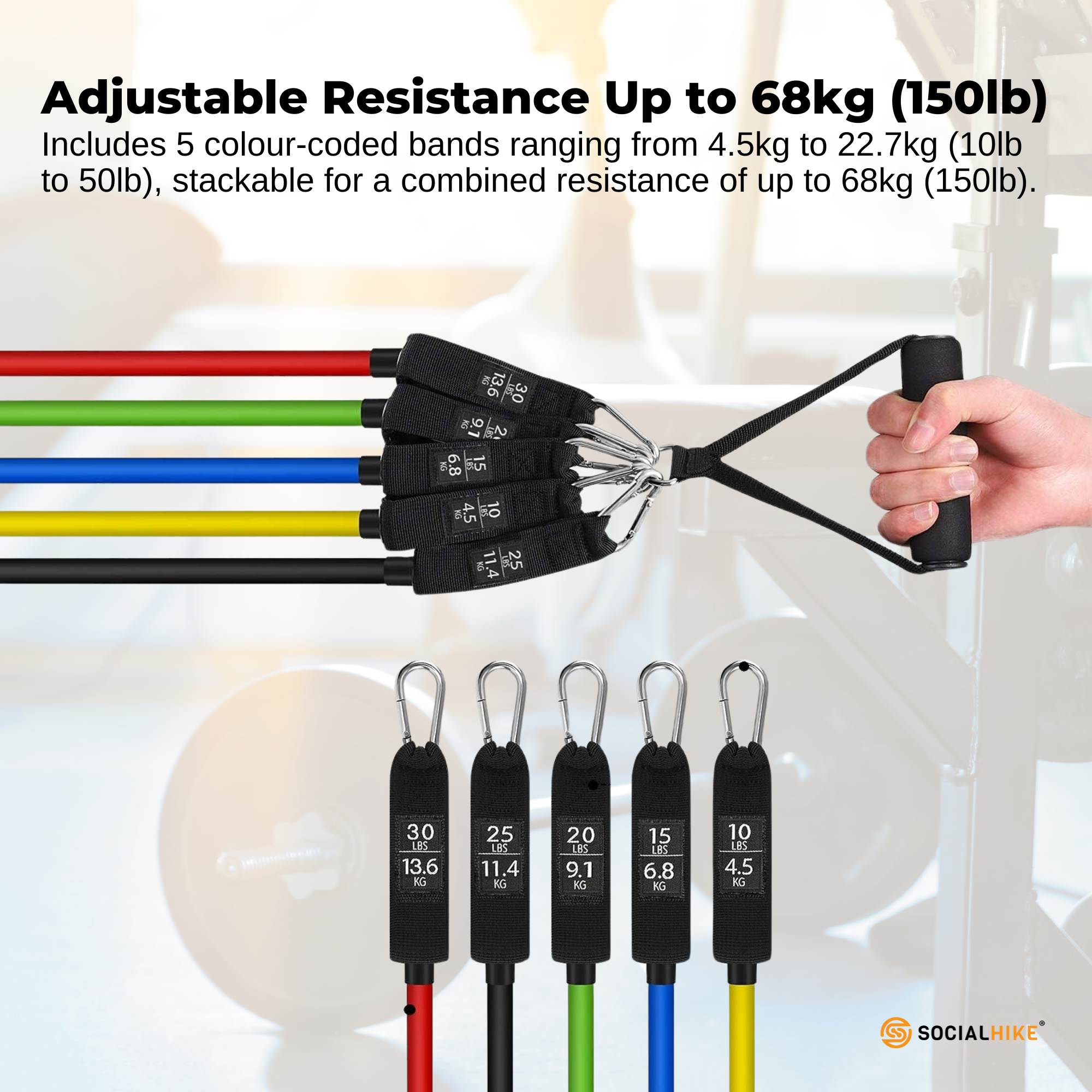 Social Hike Resistance Band Set with Handles - 11pcs Home Workout Kit 4.5-68kg V238-SUPDZ-41187495280720