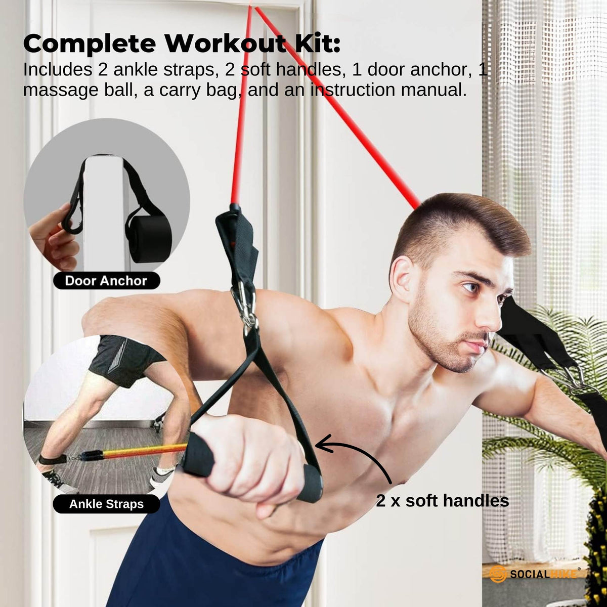 Social Hike Resistance Band Set with Handles - 11pcs Home Workout Kit 4.5-68kg V238-SUPDZ-41187495280720