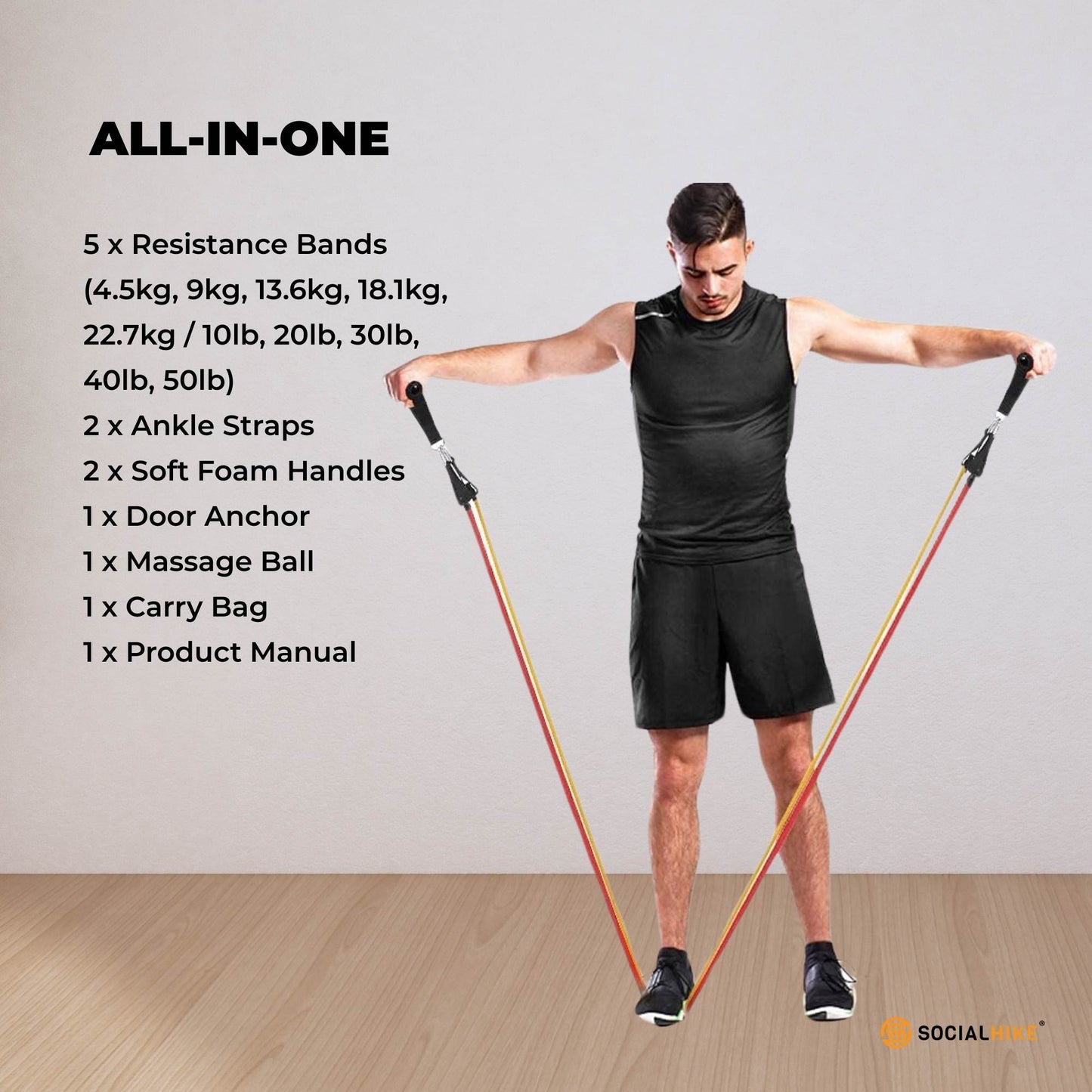 Social Hike Resistance Band Set with Handles - 11pcs Home Workout Kit 4.5-68kg V238-SUPDZ-41187495280720