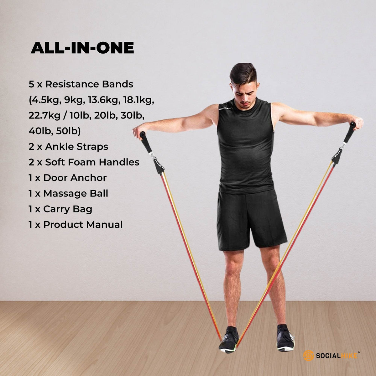 Social Hike Resistance Band Set with Handles - 11pcs Home Workout Kit 4.5-68kg V238-SUPDZ-41187495280720