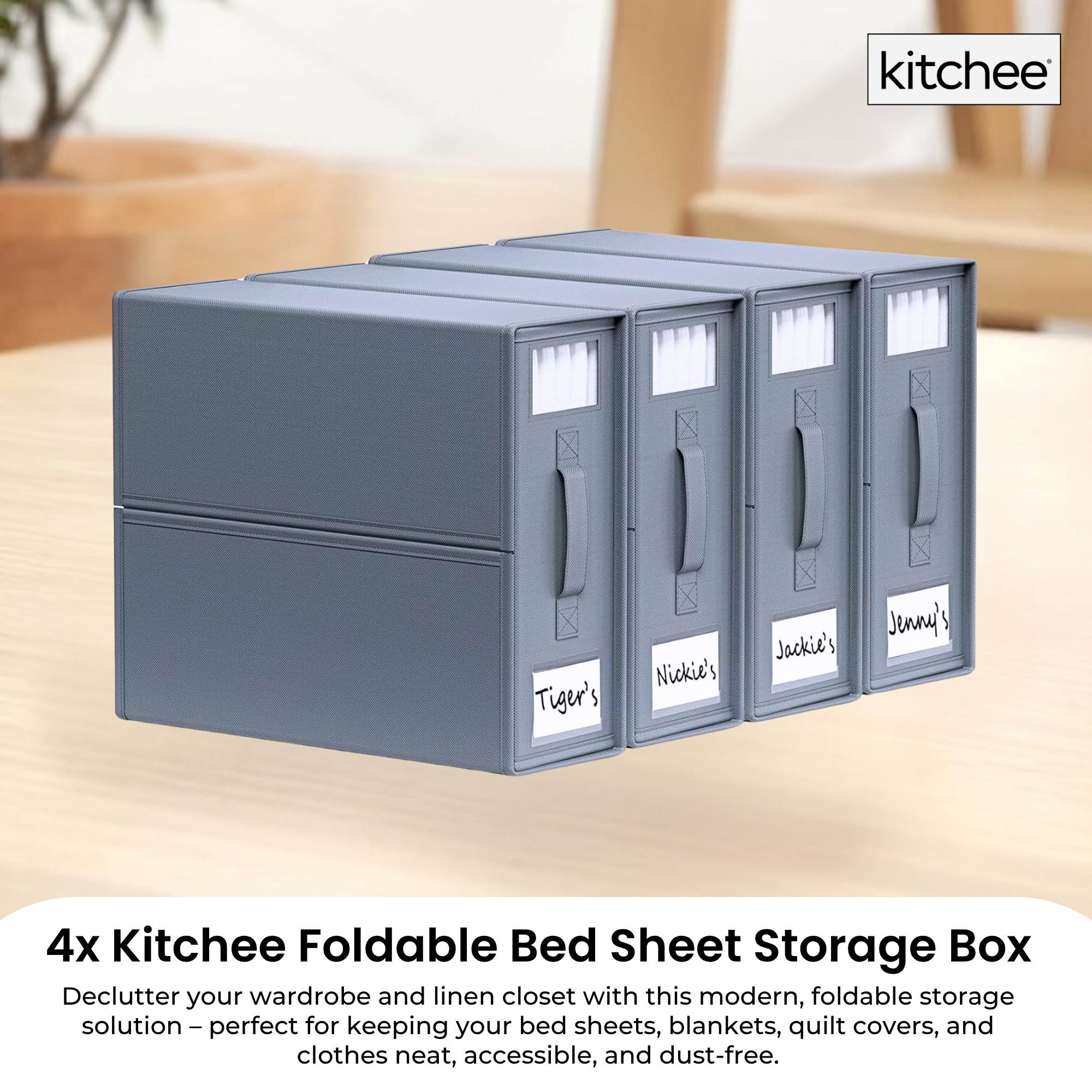4x Kitchee Foldable Bed Sheet Storage Box - Linen and Closet Organiser Grey V238-SUPDZ-41188839948368