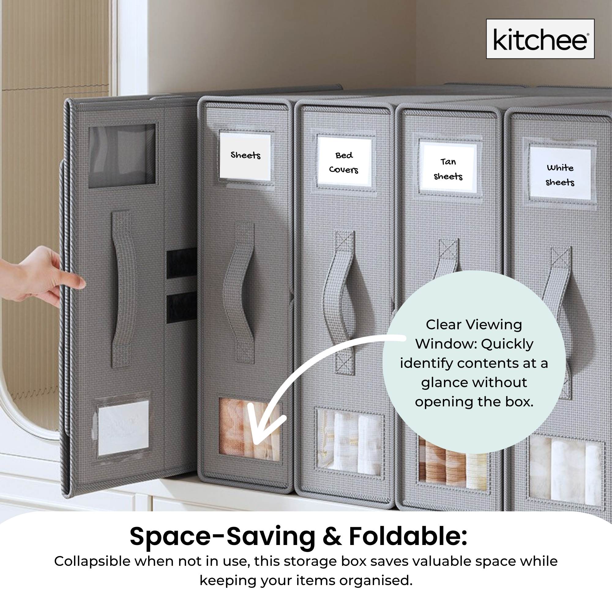4x Kitchee Foldable Bed Sheet Storage Box - Linen and Closet Organiser Grey V238-SUPDZ-41188839948368