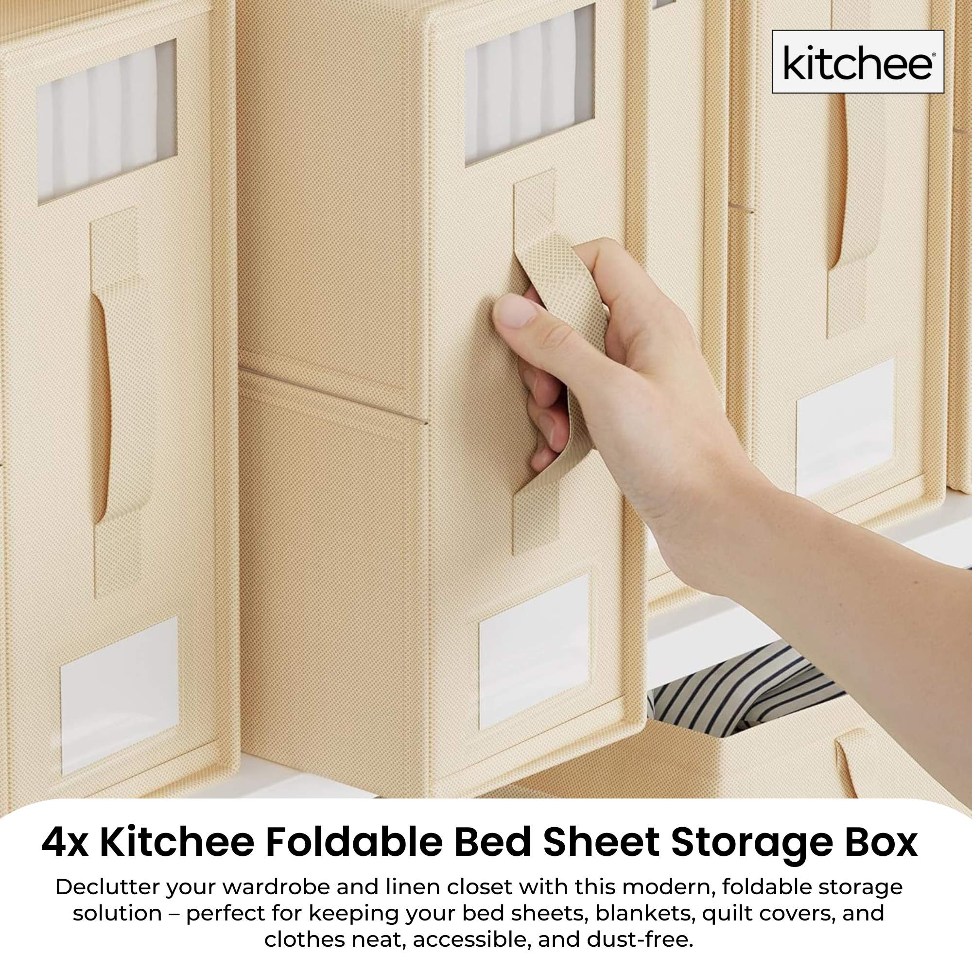 4x Kitchee Foldable Bed Sheet Storage Box - Linen and Closet Organiser Beige V238-SUPDZ-41188860067920