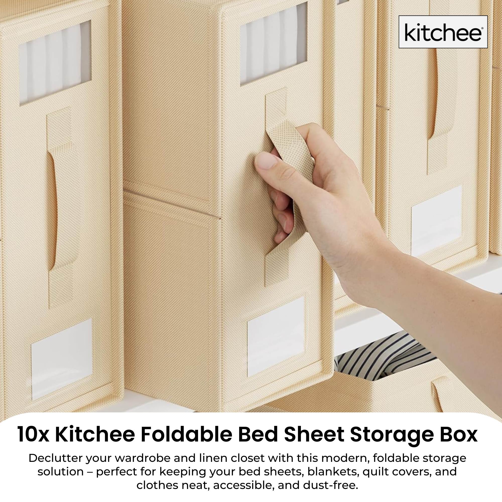 10x Kitchee Foldable Bed Sheet Storage Box - Linen and Closet Organiser Beige V238-SUPDZ-41188861771856