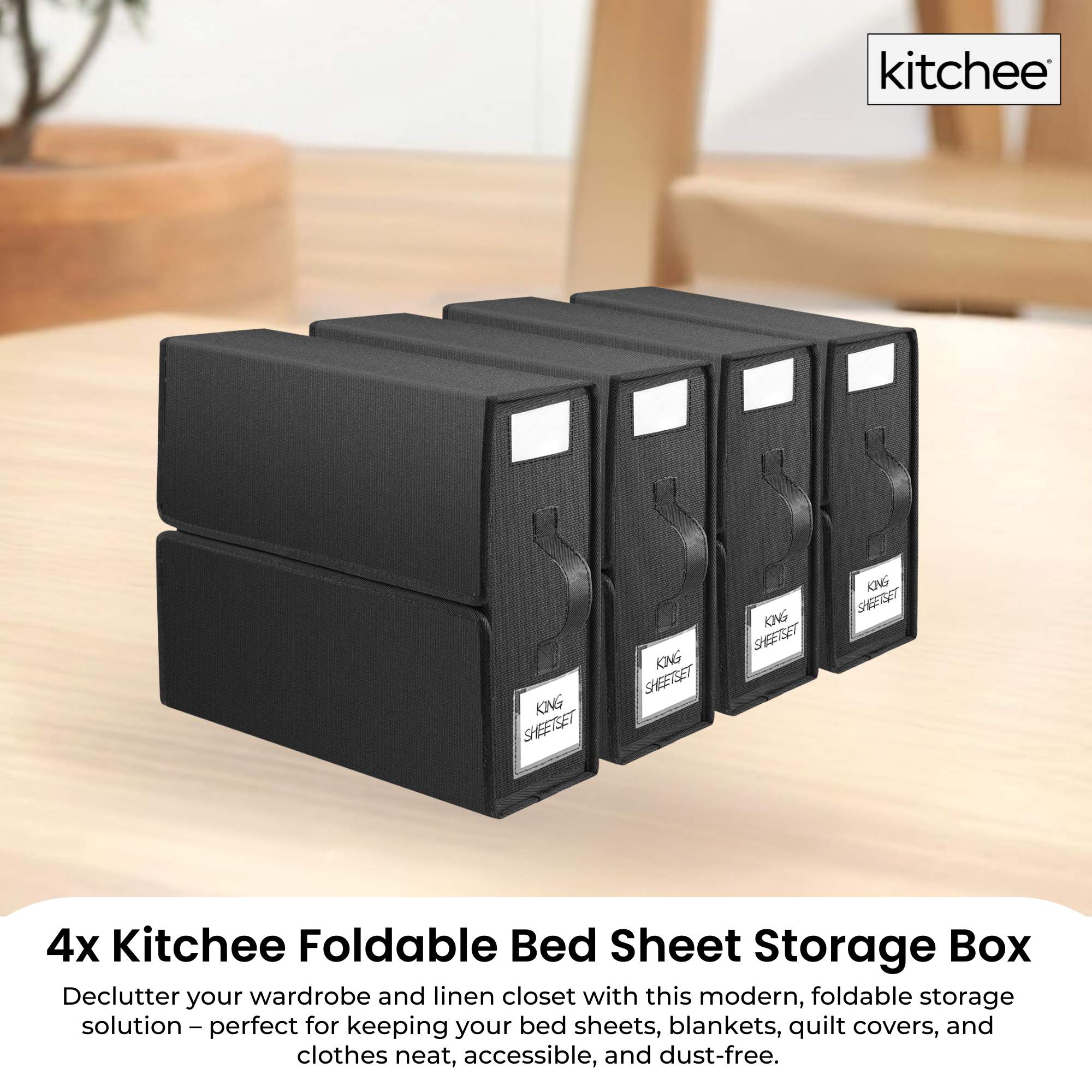 4x Kitchee Foldable Bed Sheet Storage Box - Linen and Closet Organiser Black V238-SUPDZ-41188865409104