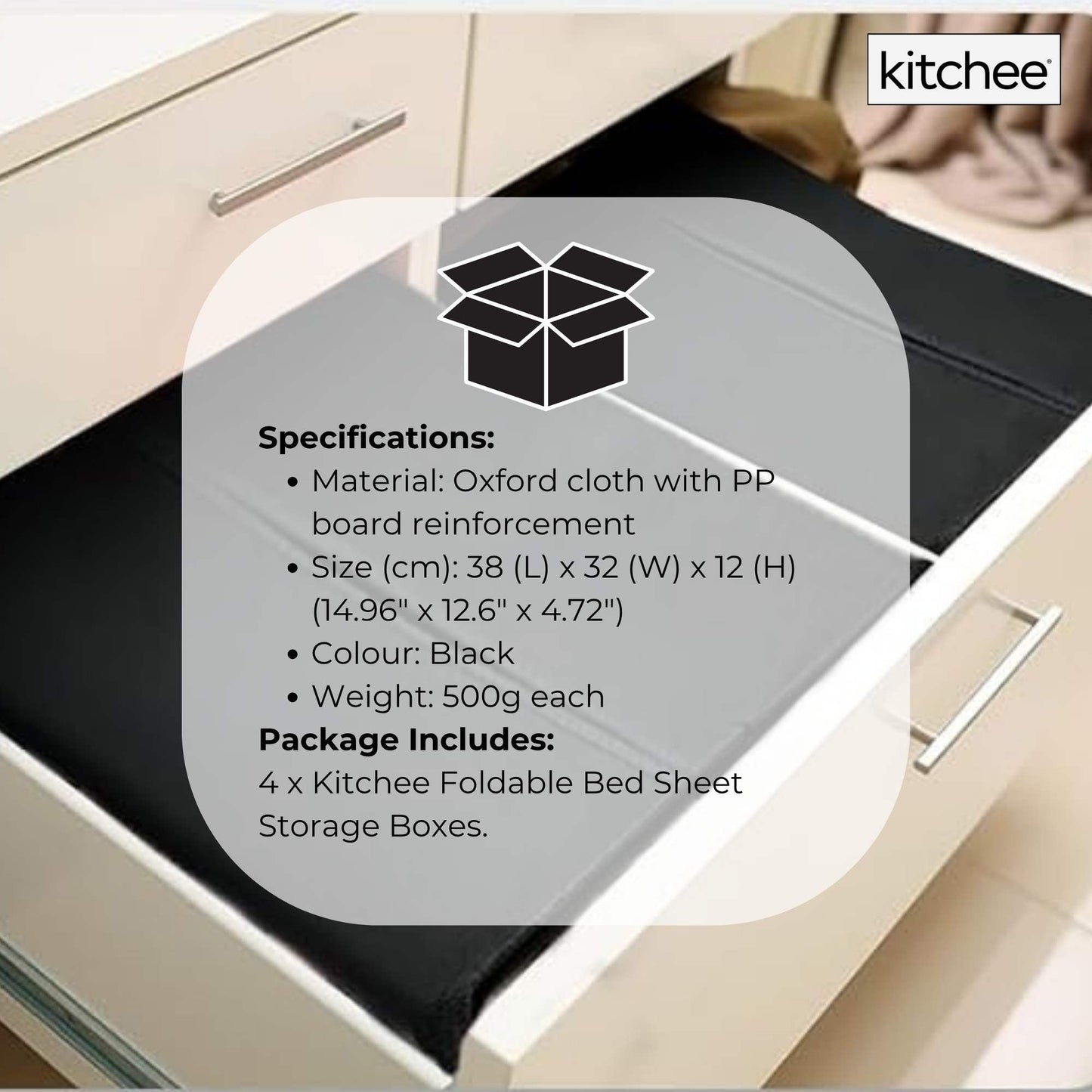 4x Kitchee Foldable Bed Sheet Storage Box - Linen and Closet Organiser Black V238-SUPDZ-41188865409104