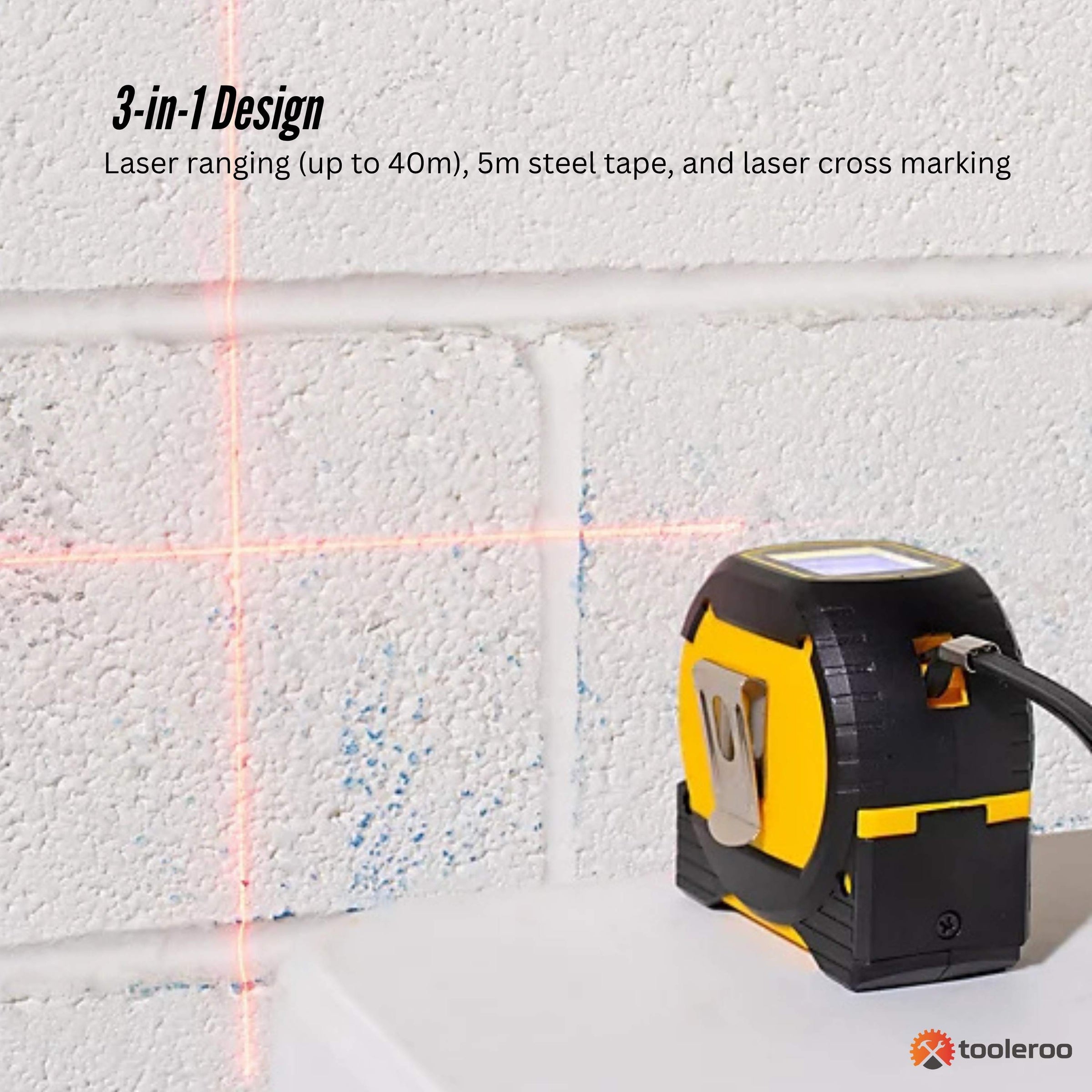 Tooleroo 40m Digital Laser Tape Measure + 5m Steel Tape - 3-in-1 Cross Marking V238-SUPDZ-41191829241936