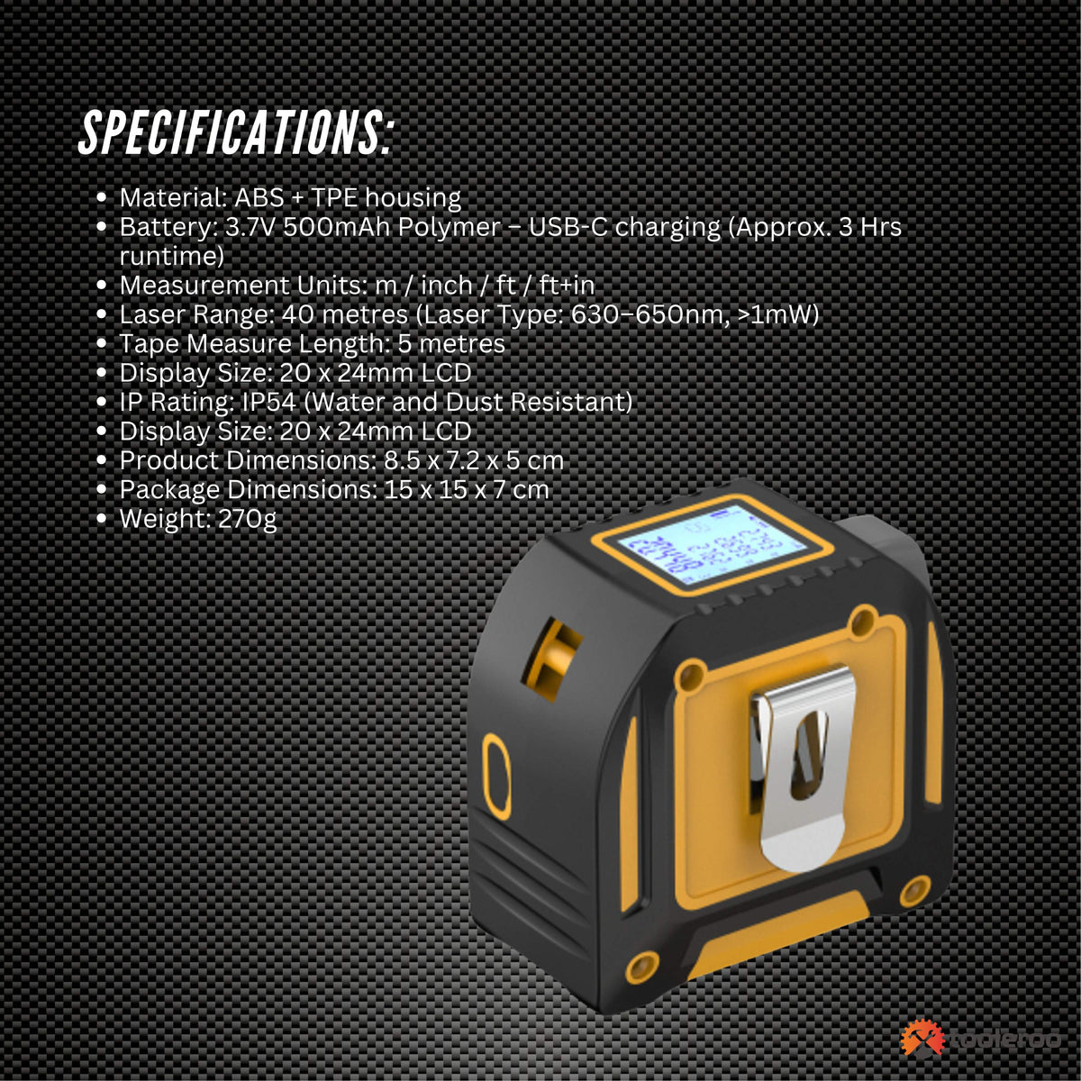 Tooleroo 40m Digital Laser Tape Measure + 5m Steel Tape - 3-in-1 Cross Marking V238-SUPDZ-41191829241936