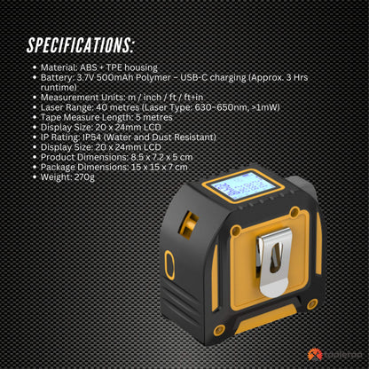 Tooleroo 40m Digital Laser Tape Measure + 5m Steel Tape - 3-in-1 Cross Marking V238-SUPDZ-41191829241936