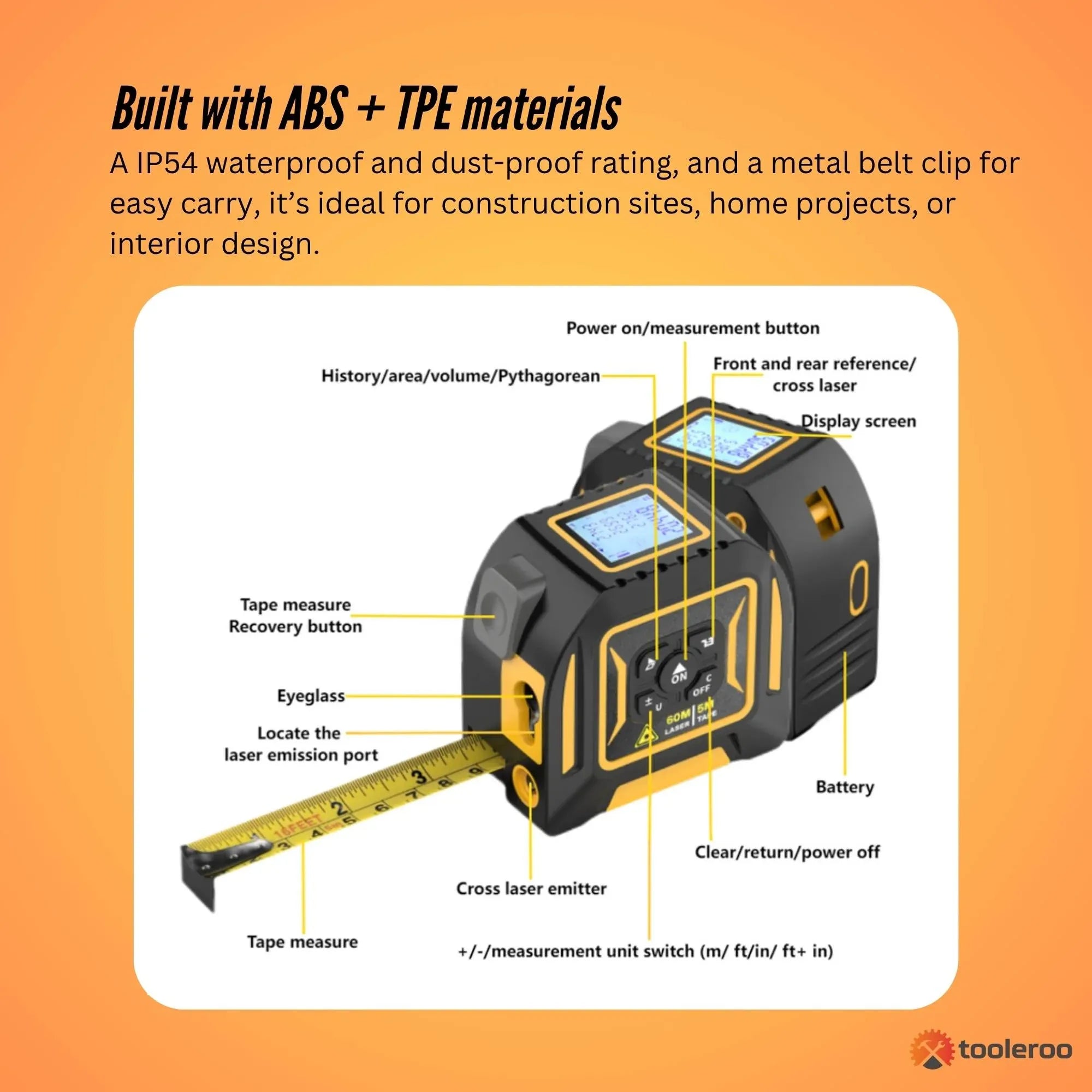Tooleroo 60m Digital Laser Tape Measure + 5m Steel Tape - 3-in-1 Cross Marking V238-SUPDZ-41191861452880