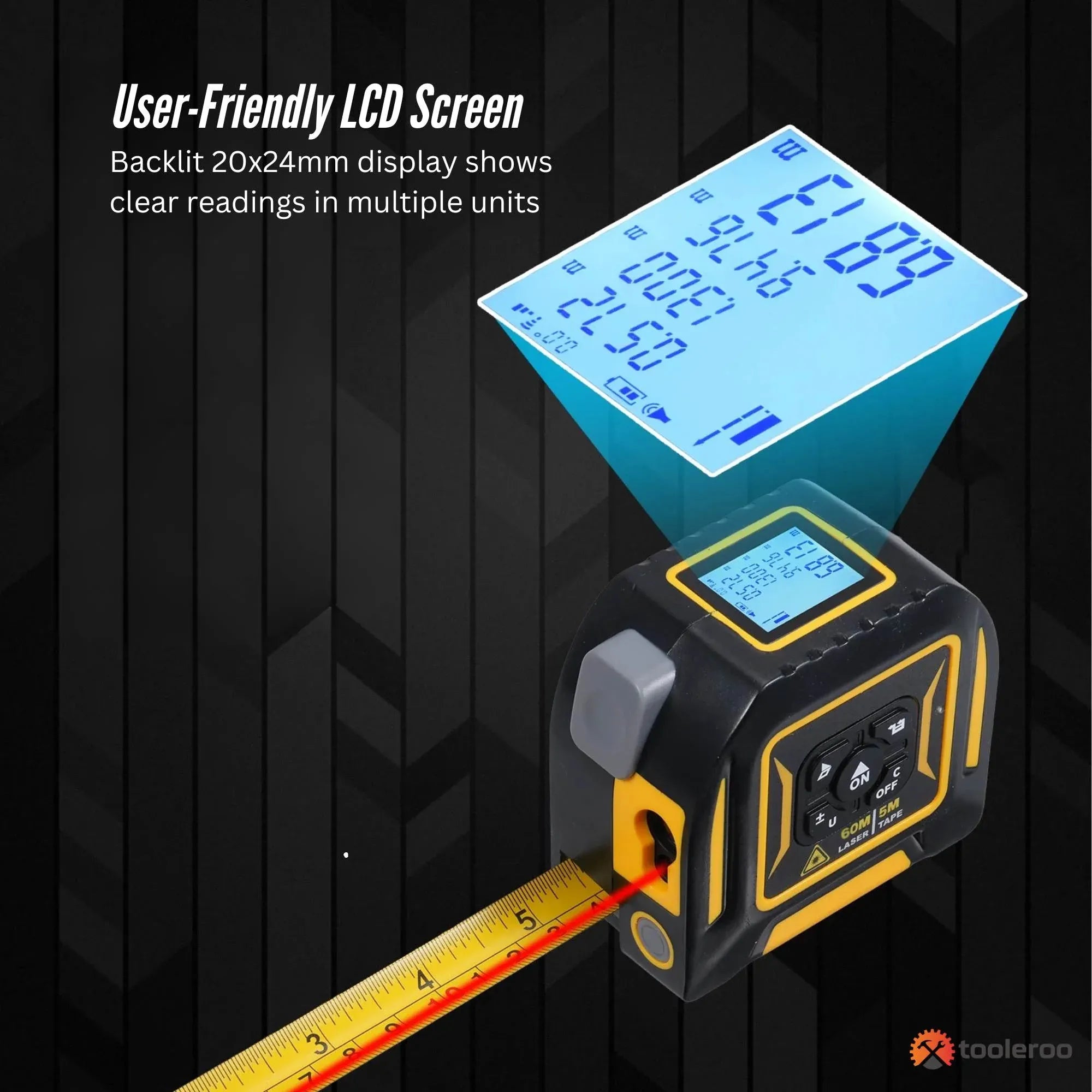 Tooleroo 60m Digital Laser Tape Measure + 5m Steel Tape - 3-in-1 Cross Marking V238-SUPDZ-41191861452880