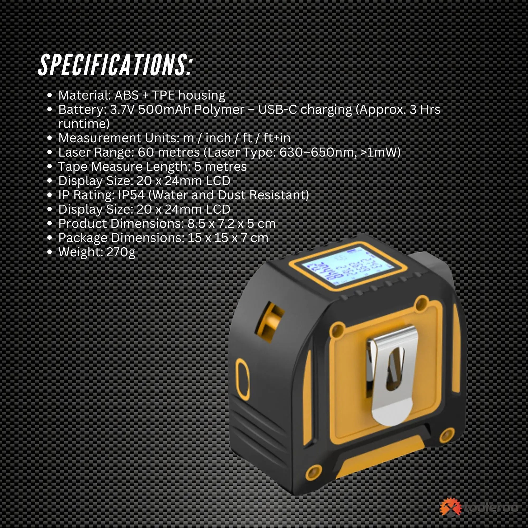 Tooleroo 60m Digital Laser Tape Measure + 5m Steel Tape - 3-in-1 Cross Marking V238-SUPDZ-41191861452880