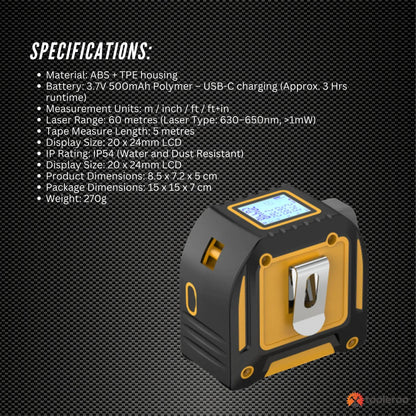 Tooleroo 60m Digital Laser Tape Measure + 5m Steel Tape - 3-in-1 Cross Marking V238-SUPDZ-41191861452880