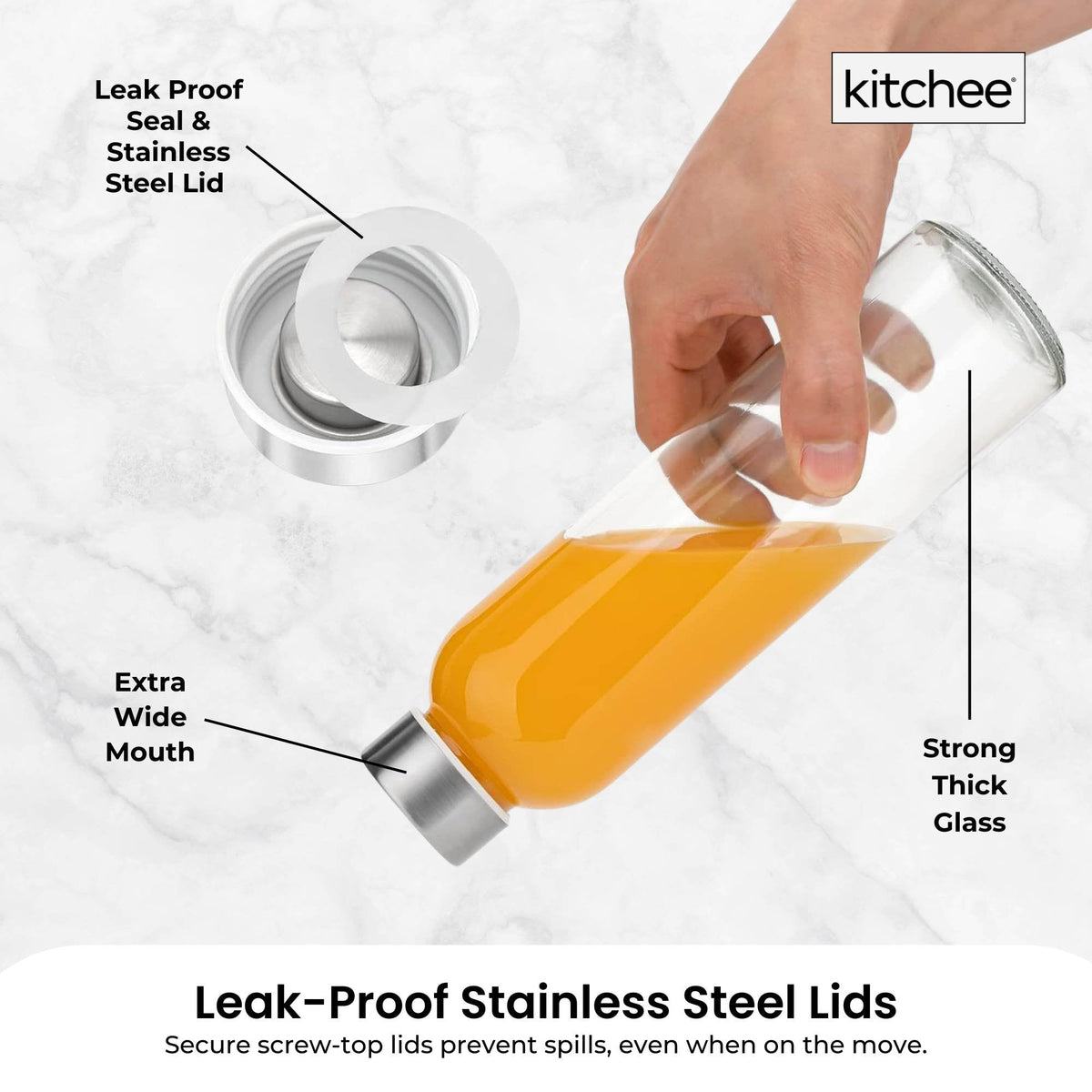 Kitchee 500ml Glass Water Bottle with Stainless Steel Lid - Set of 6 Drink Bottles V238-SUPDZ-41199246966864