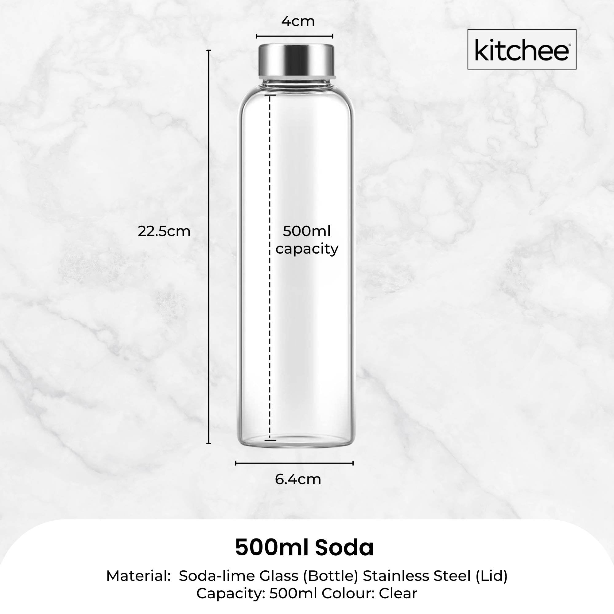 Kitchee 500ml Glass Water Bottle with Stainless Steel Lid - Set of 6 Drink Bottles V238-SUPDZ-41199246966864