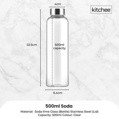 Kitchee 500ml Glass Water Bottle with Stainless Steel Lid - Set of 6 Drink Bottles V238-SUPDZ-41199246966864