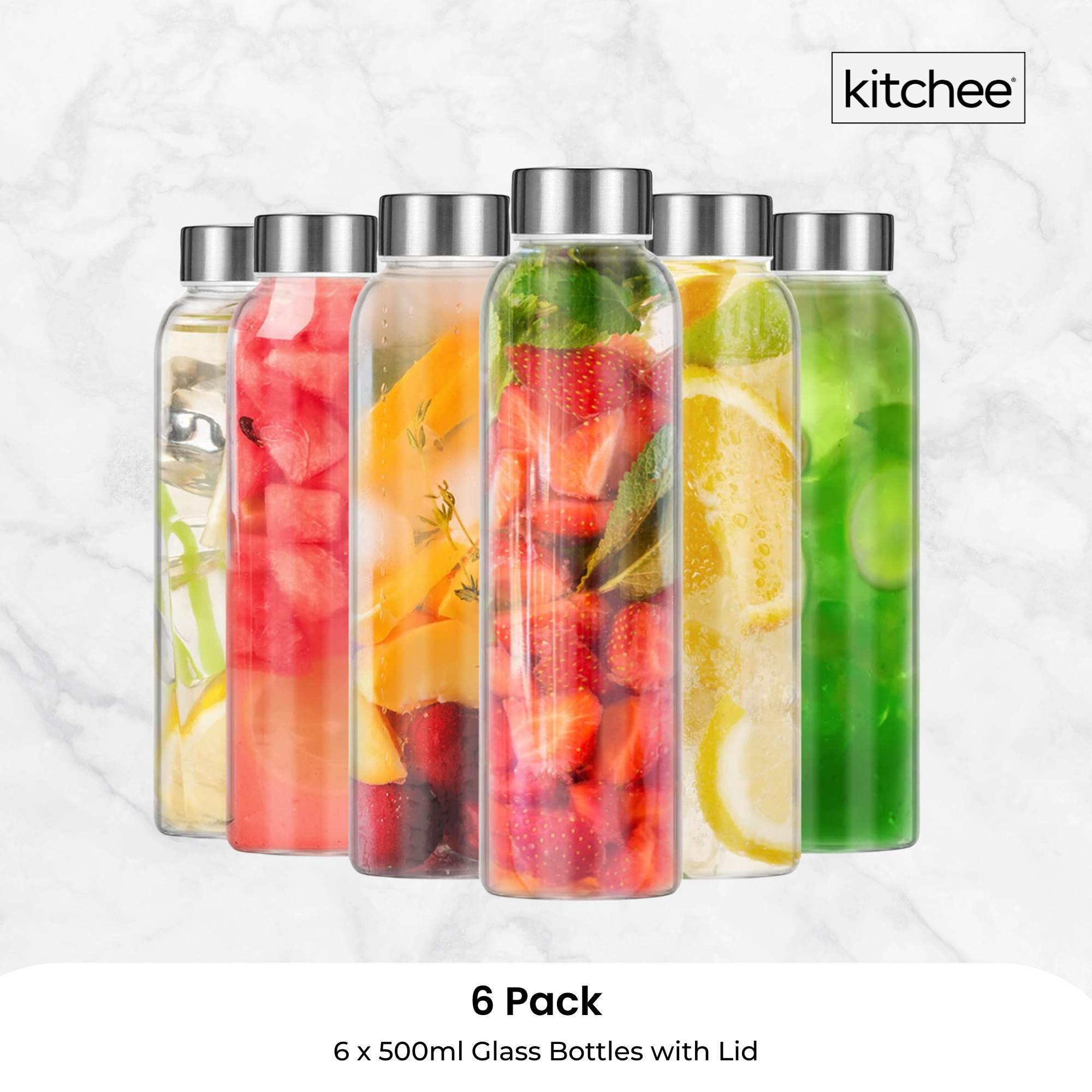 Kitchee 500ml Glass Water Bottle with Stainless Steel Lid - Set of 6 Drink Bottles V238-SUPDZ-41199246966864