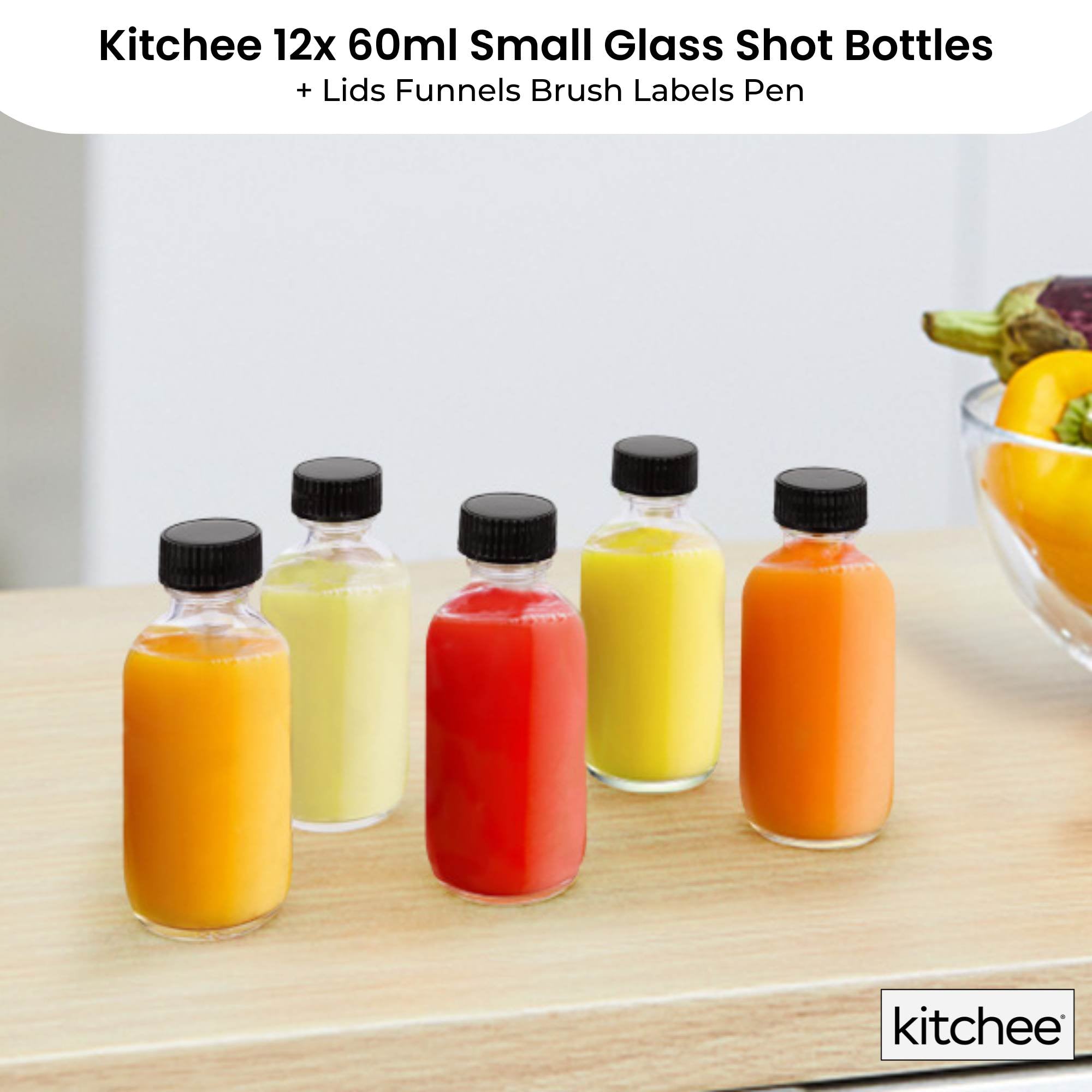 Kitchee 12x 60ml Small Glass Bottles + Lids Funnels Brush Labels Pen V238-SUPDZ-41201377476688