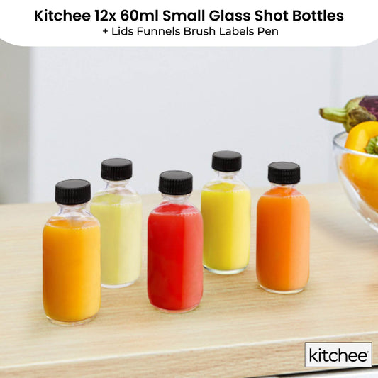 Kitchee 12x 60ml Small Glass Bottles + Lids Funnels Brush Labels Pen V238-SUPDZ-41201377476688