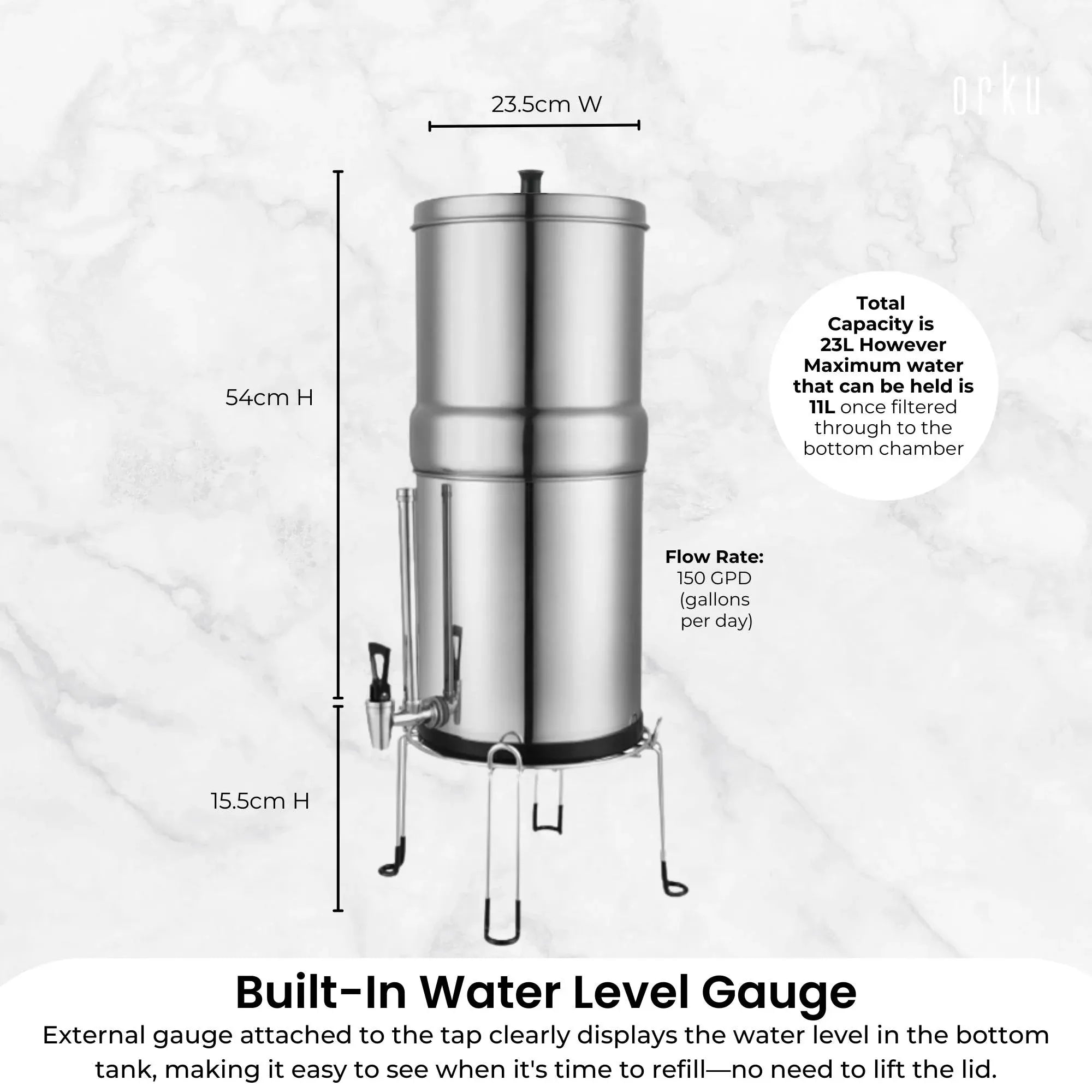 Orku 23L Gravity Benchtop Water Filter System with Gauge - Stainless Steel V238-SUPDZ-41201421582416