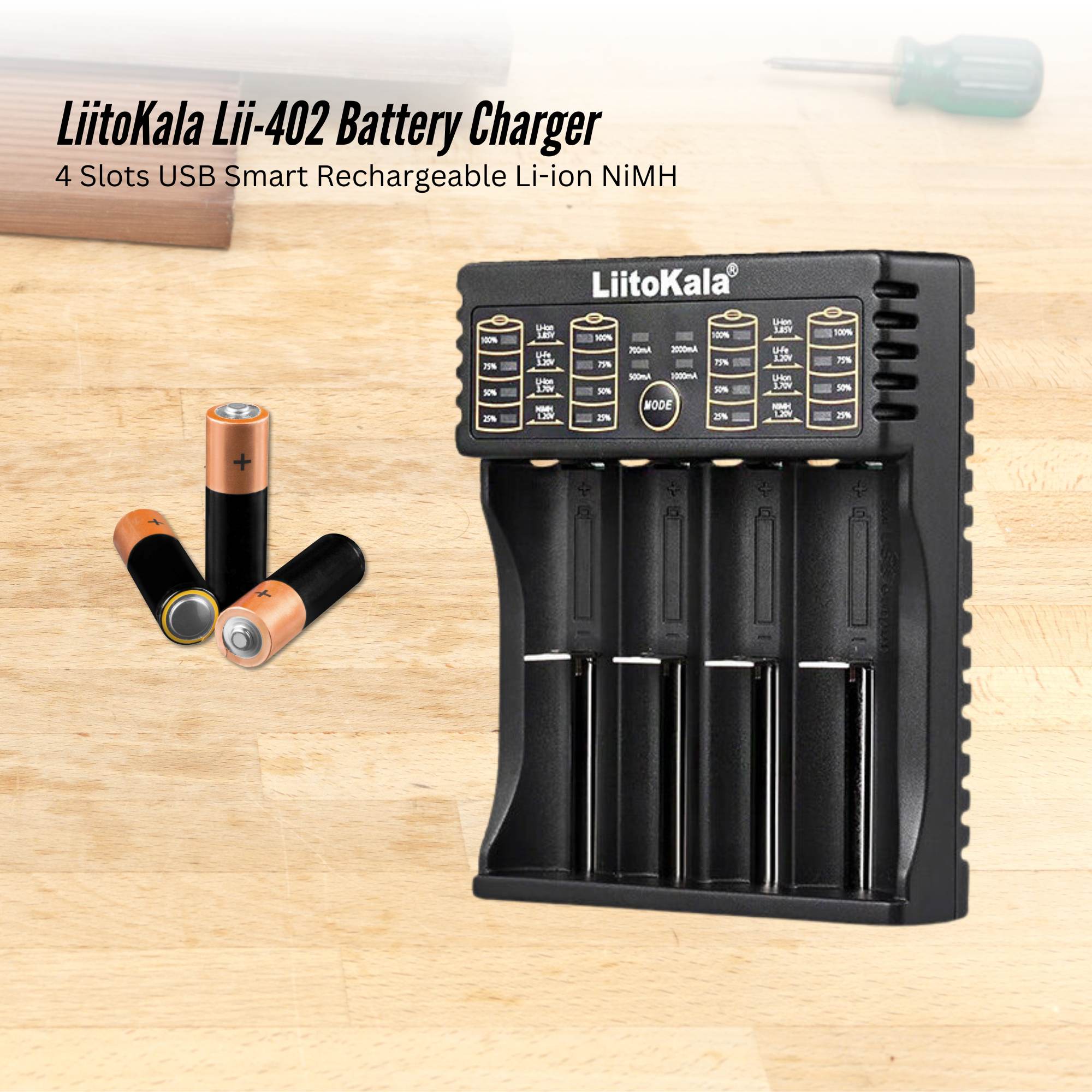 LiitoKala Lii-402 Smart Battery Charger - 4-Slot USB for 18650 AA AAA Li-ion NiMH V238-SUPDZ-41205415215184