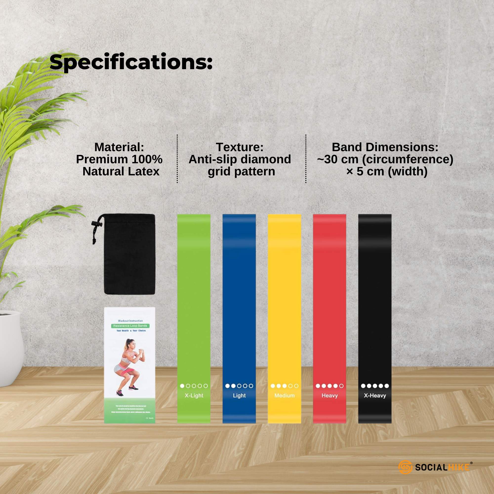 Social Hike Resistance Bands 5-Pack - Anti-Slip Latex Workout Loops 2.3-18.1kg V238-SUPDZ-41208264687696