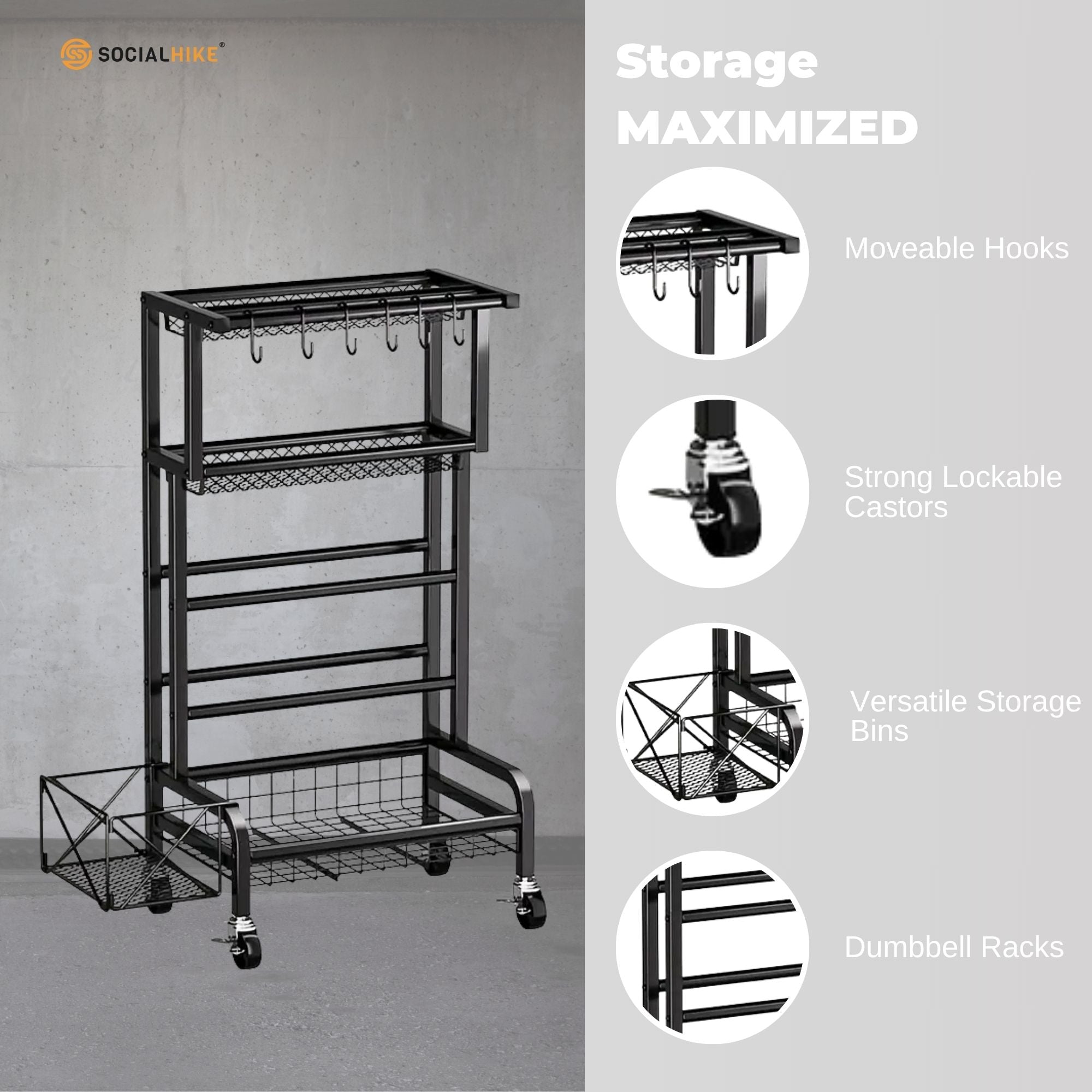 Social Hike Gym Equipment Storage Rack on Wheels - Dumbbells Weights Organiser V238-SUPDZ-41220374265936