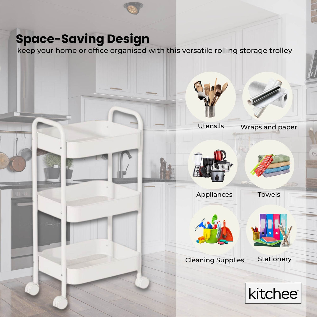 Kitchee 3-Tier Kitchen Storage Cart Trolley with Wheels - Shelf Organiser WHITE V238-SUPDZ-41307715731536