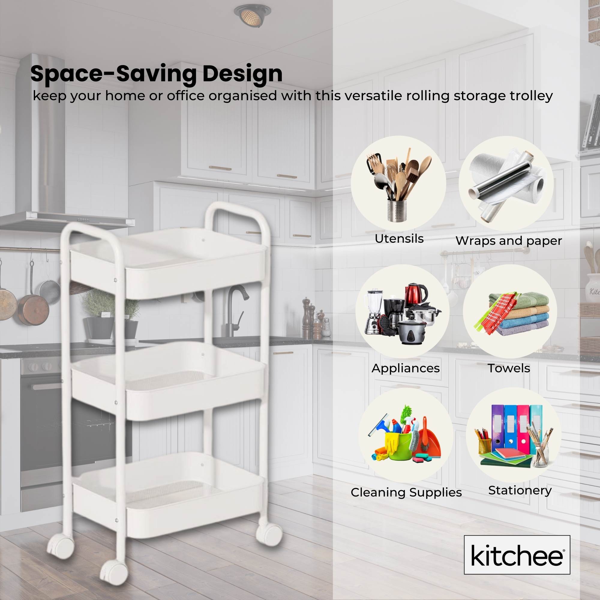 Kitchee 3-Tier Kitchen Storage Cart Trolley with Wheels - Shelf Organiser WHITE V238-SUPDZ-41307715731536