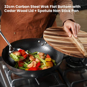Kitchee 32cm Carbon Steel Wok Set Flat Bottom with Wood Lid + Spatula - Induction Ready V238-SUPDZ-41318283444304