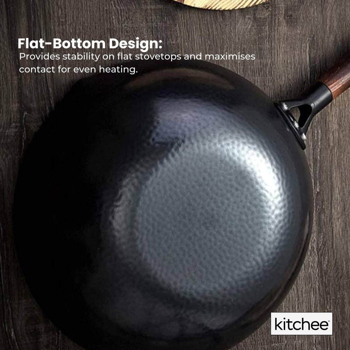Kitchee 32cm Carbon Steel Wok Set Flat Bottom with Wood Lid + Spatula - Induction Ready V238-SUPDZ-41318283444304