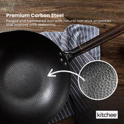 Kitchee 32cm Carbon Steel Wok Set Flat Bottom with Wood Lid + Spatula - Induction Ready V238-SUPDZ-41318283444304