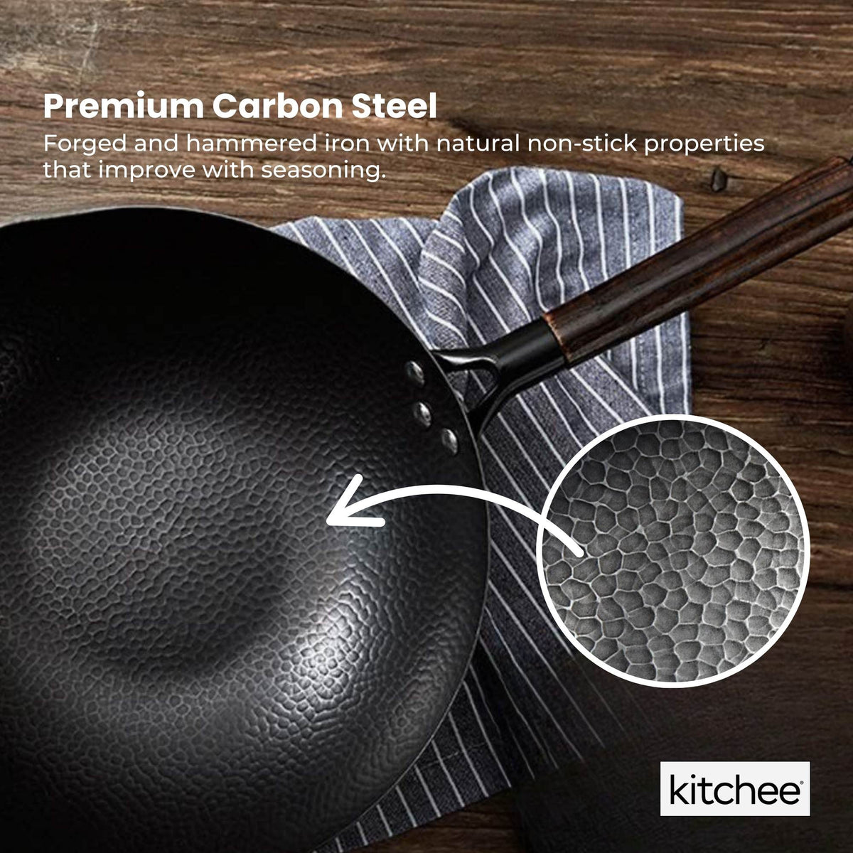 Kitchee 32cm Carbon Steel Wok Set Flat Bottom with Wood Lid + Spatula - Induction Ready V238-SUPDZ-41318283444304