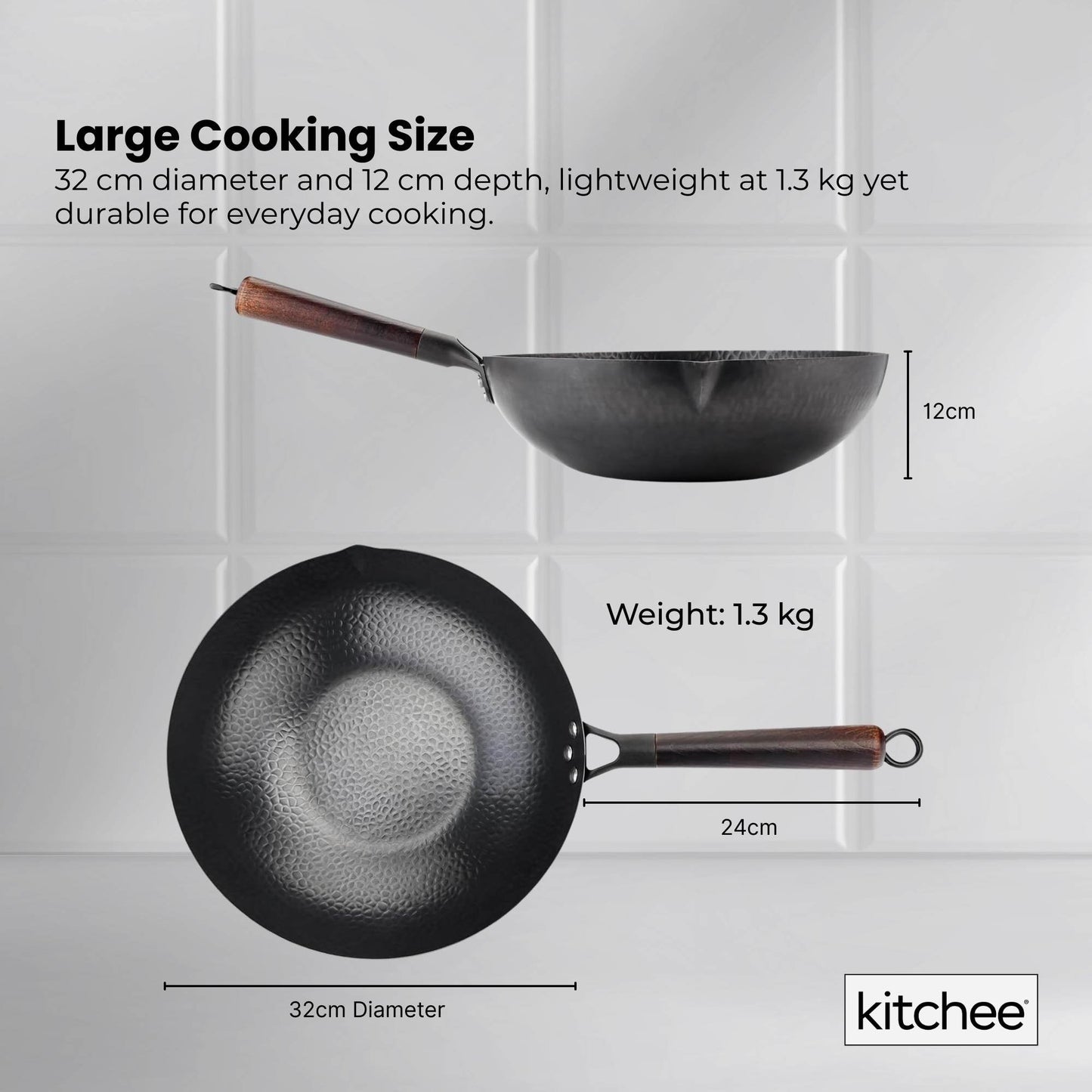Kitchee 32cm Carbon Steel Wok Set Flat Bottom with Wood Lid + Spatula - Induction Ready V238-SUPDZ-41318283444304