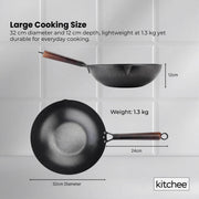 Kitchee 32cm Carbon Steel Wok Set Flat Bottom with Wood Lid + Spatula - Induction Ready V238-SUPDZ-41318283444304
