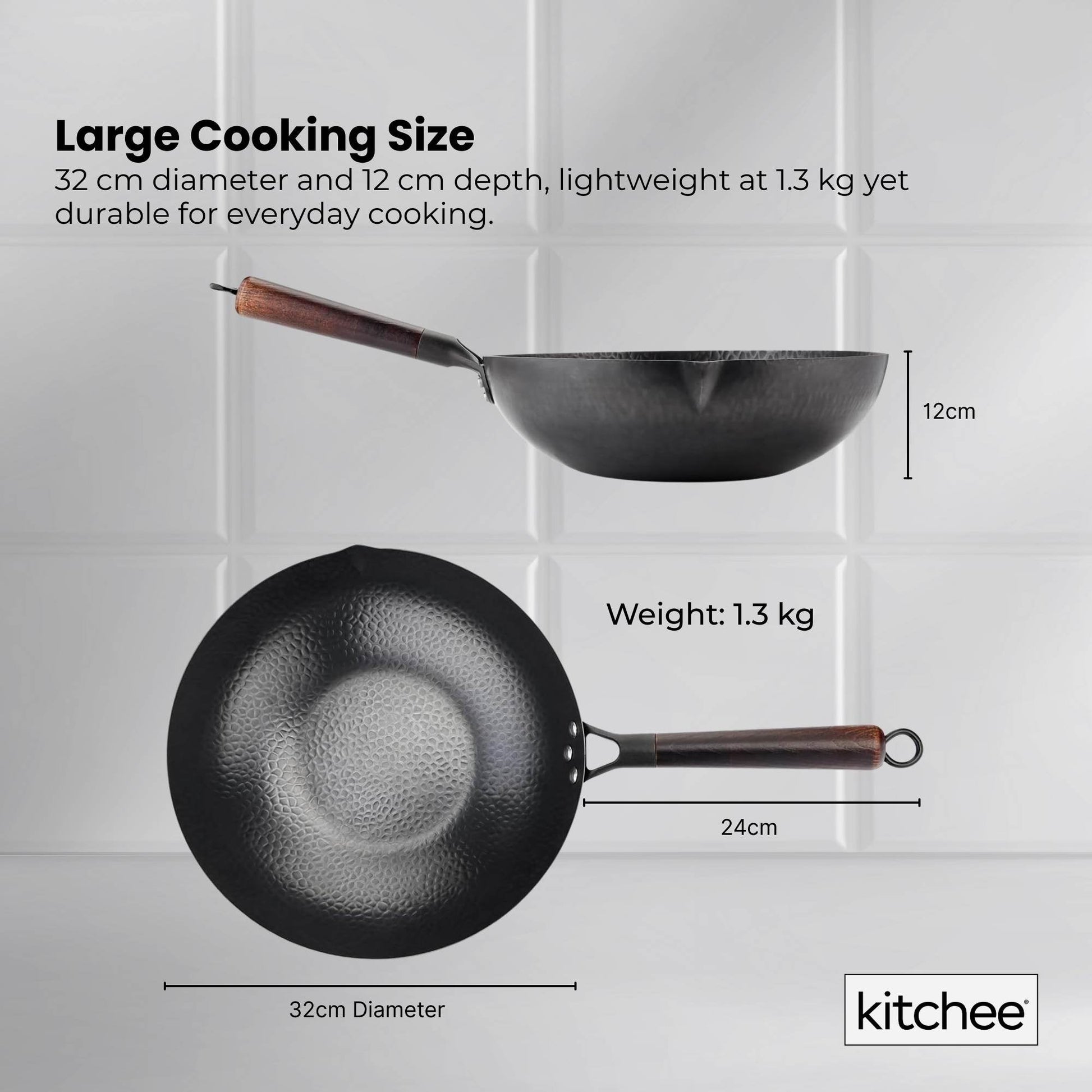 Kitchee 32cm Carbon Steel Wok Set Flat Bottom with Wood Lid + Spatula - Induction Ready V238-SUPDZ-41318283444304