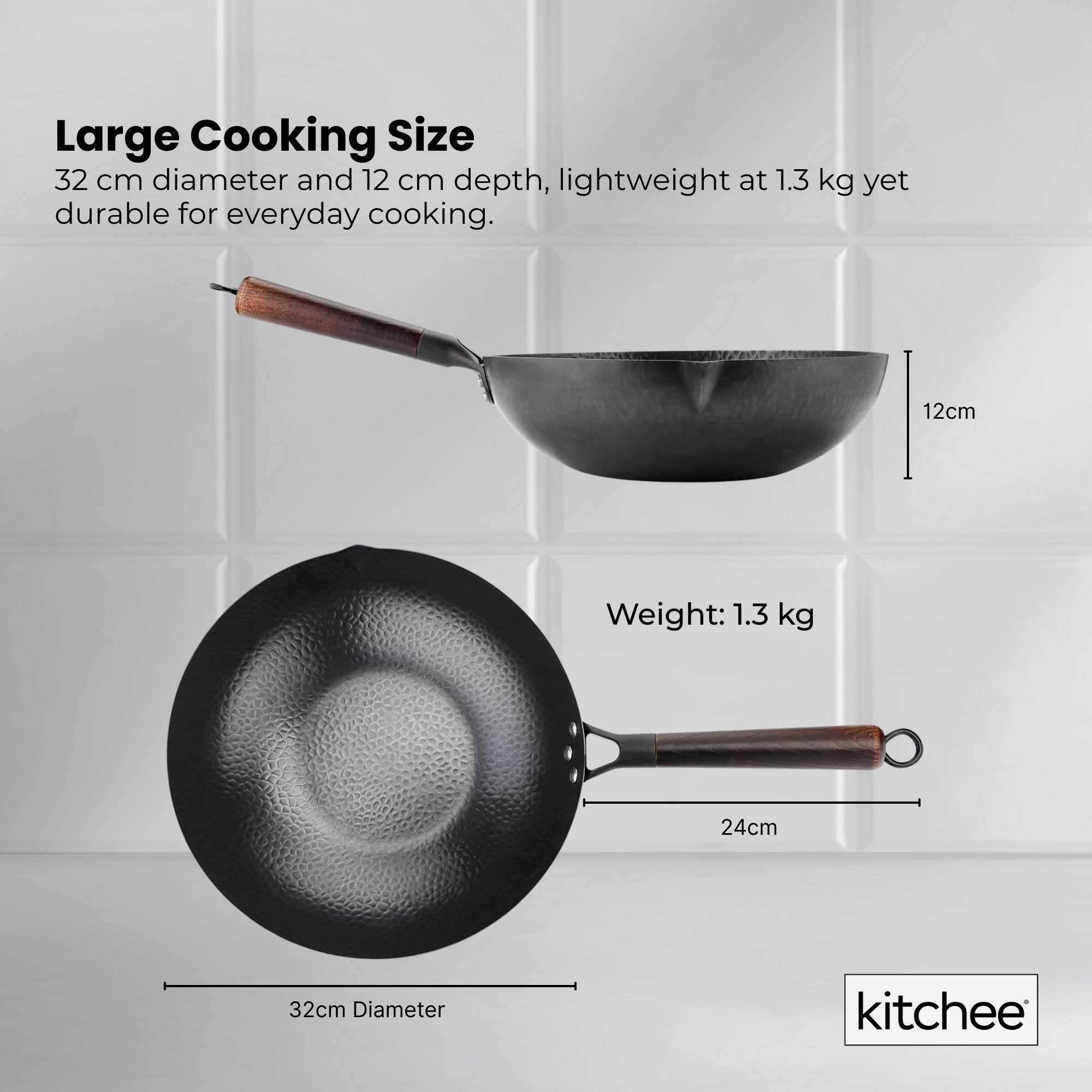 Kitchee 32cm Carbon Steel Wok Set Flat Bottom with Wood Lid + Spatula - Induction Ready V238-SUPDZ-41318283444304