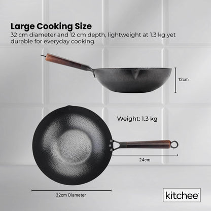 Kitchee 32cm Carbon Steel Wok Set Flat Bottom with Wood Lid + Spatula - Induction Ready V238-SUPDZ-41318283444304