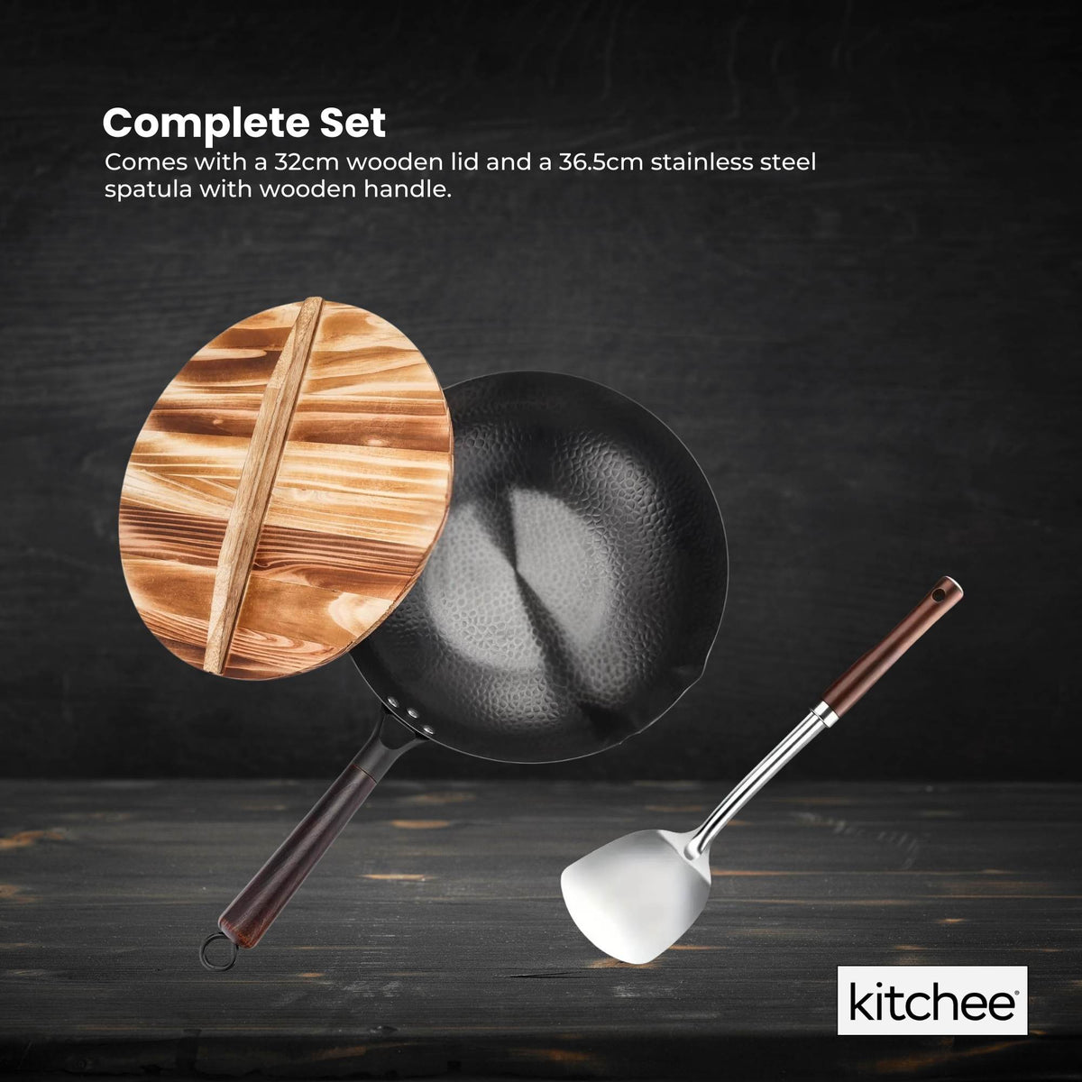 Kitchee 32cm Carbon Steel Wok Set Flat Bottom with Wood Lid + Spatula - Induction Ready V238-SUPDZ-41318283444304