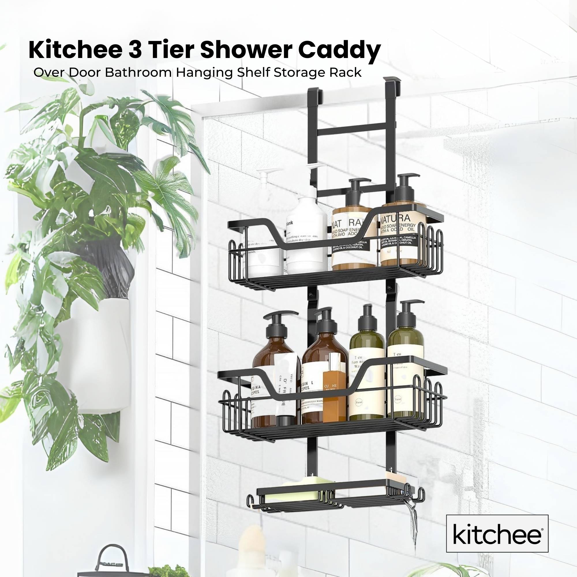 Kitchee 3 Tier Shower Caddy Over Door Bathroom Hanging Shelf Storage Rack Black V238-SUPDZ-41319004242000