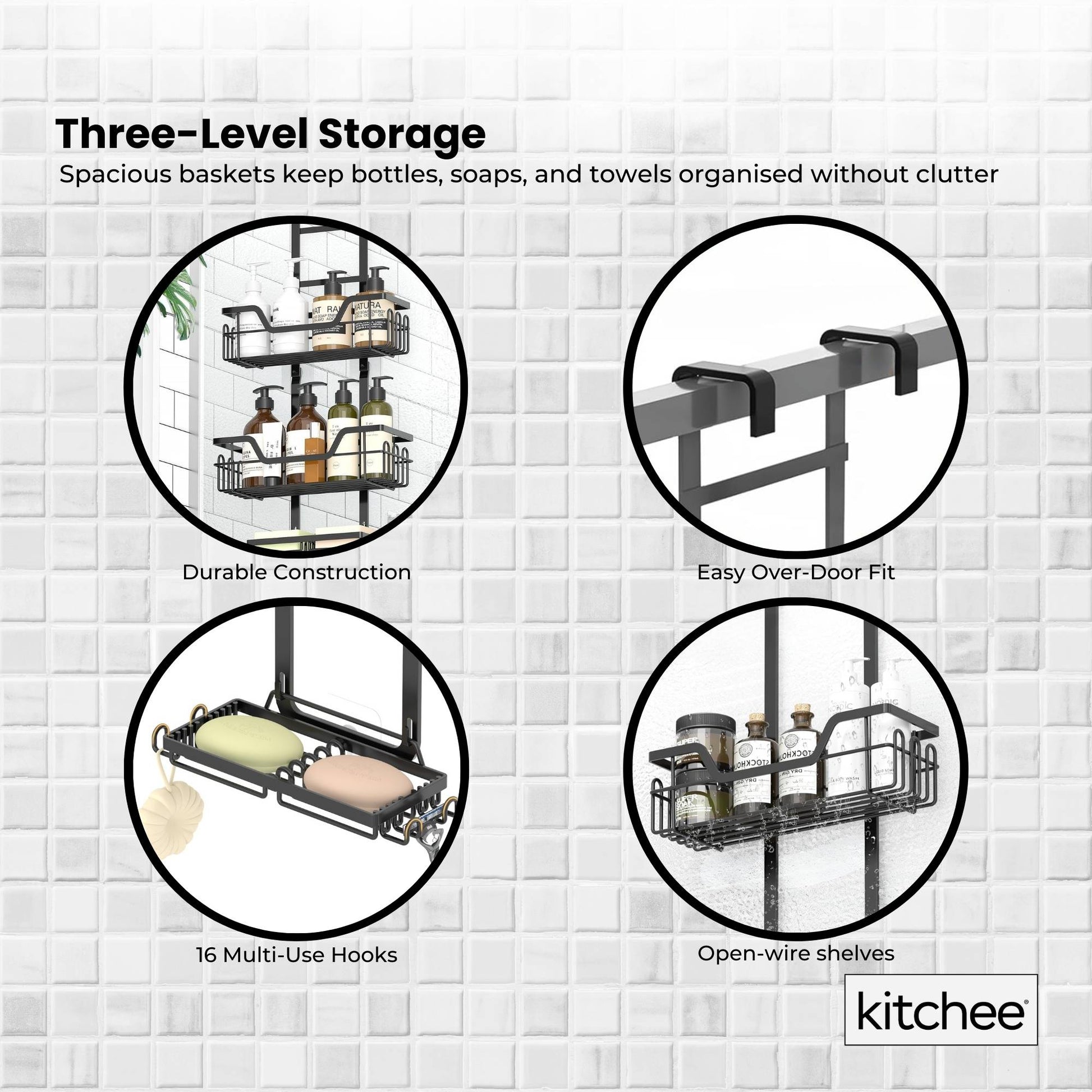 Kitchee 3 Tier Shower Caddy Over Door Bathroom Hanging Shelf Storage Rack Black V238-SUPDZ-41319004242000